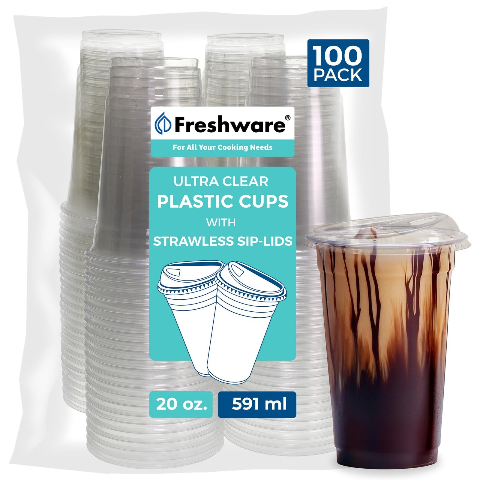 Freshware 20 oz clear disposable plastic cups with strawless sip lids, 10-pack, perfect for beverages and parties