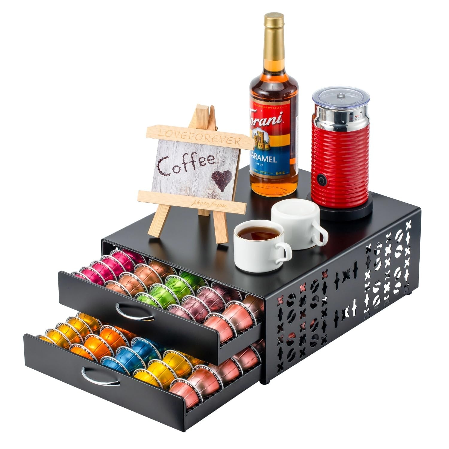 FlagShip Vertuo pod holder coffee organizer with large capacity for Nespresso capsules, featuring a sleek design and easy access.