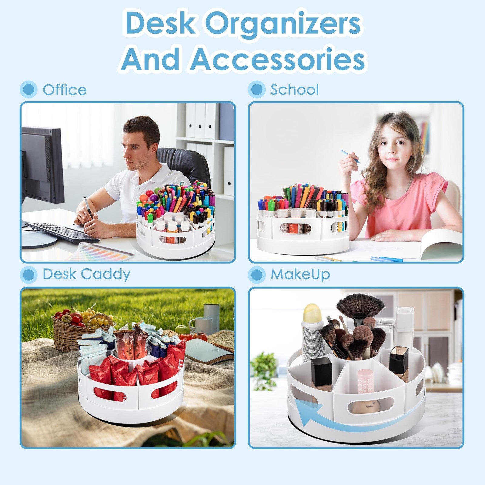 CraftGenes art supplies organizer, large 360° rotating desk storage unit with multiple compartments for craft tools and supplies.