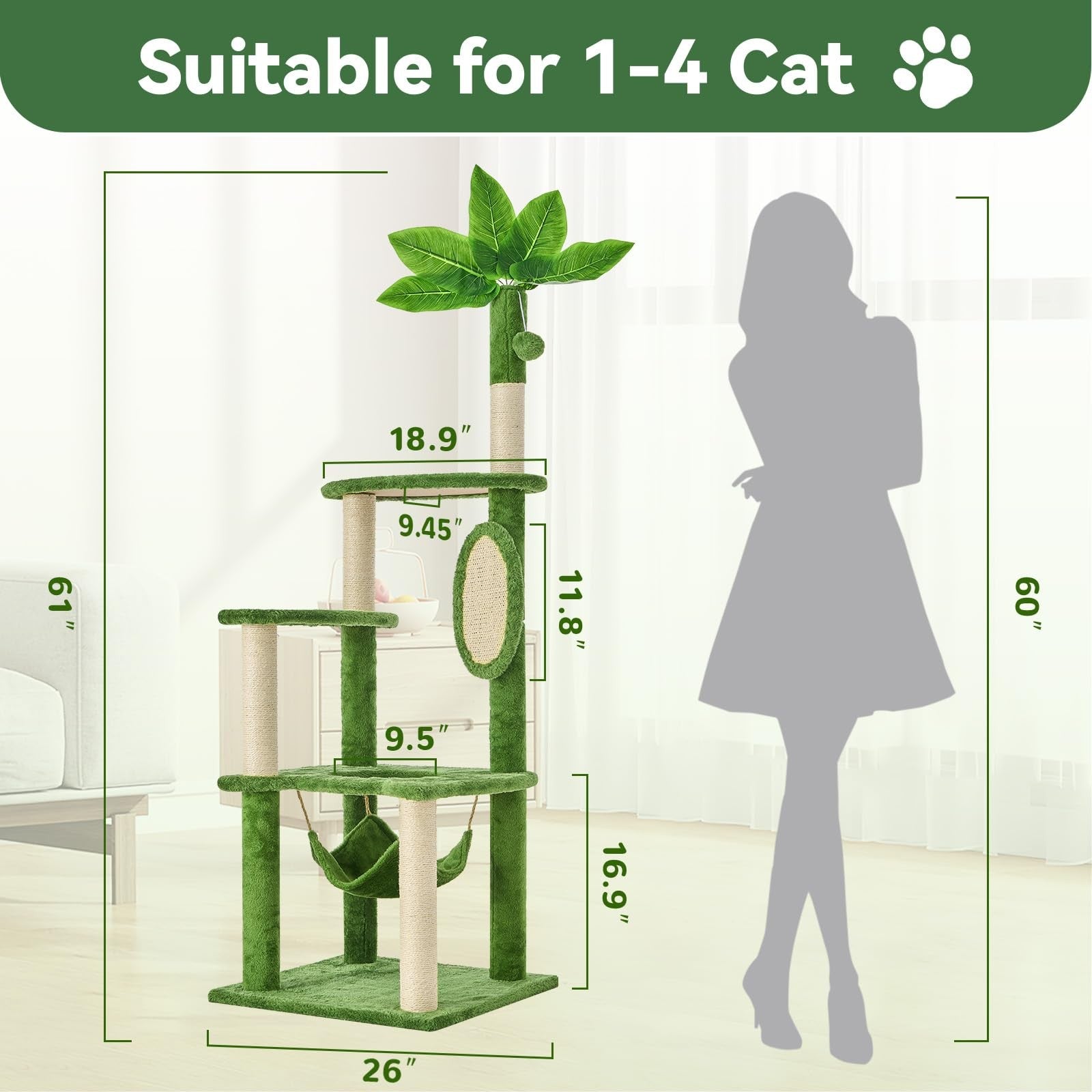 TSCOMON 61-inch multi-level cat tree with green leaf accents, featuring platforms, hiding spots, and a hammock for cats to climb and rest.