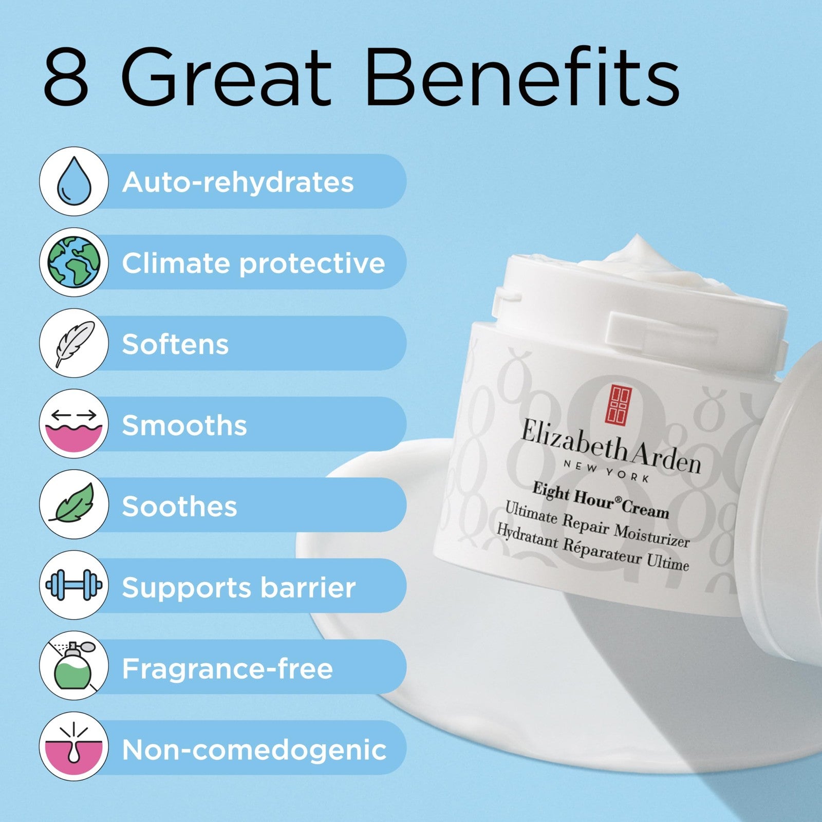 Elizabeth Arden Eight Hour Cream Ultimate Repair Moisturizer, a nourishing face skincare product with a smooth, creamy texture.