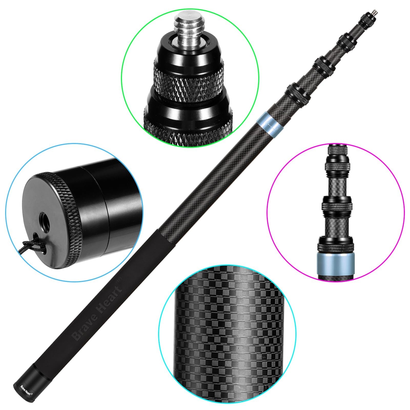 Brave Heart 118-inch invisible carbon fiber selfie stick for Insta360 cameras, showing sleek, lightweight extendable design.