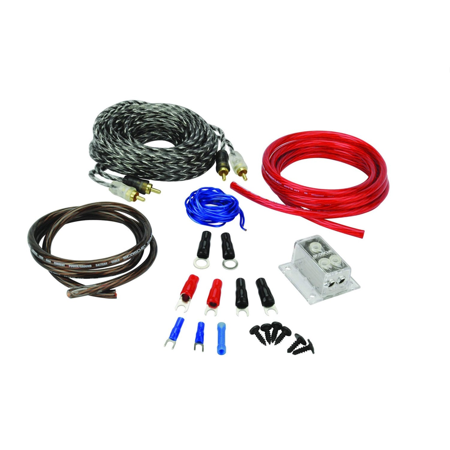 Scosche KDADCCSD high current dual car amplifier wiring kit with cables and connectors for automotive audio installation.