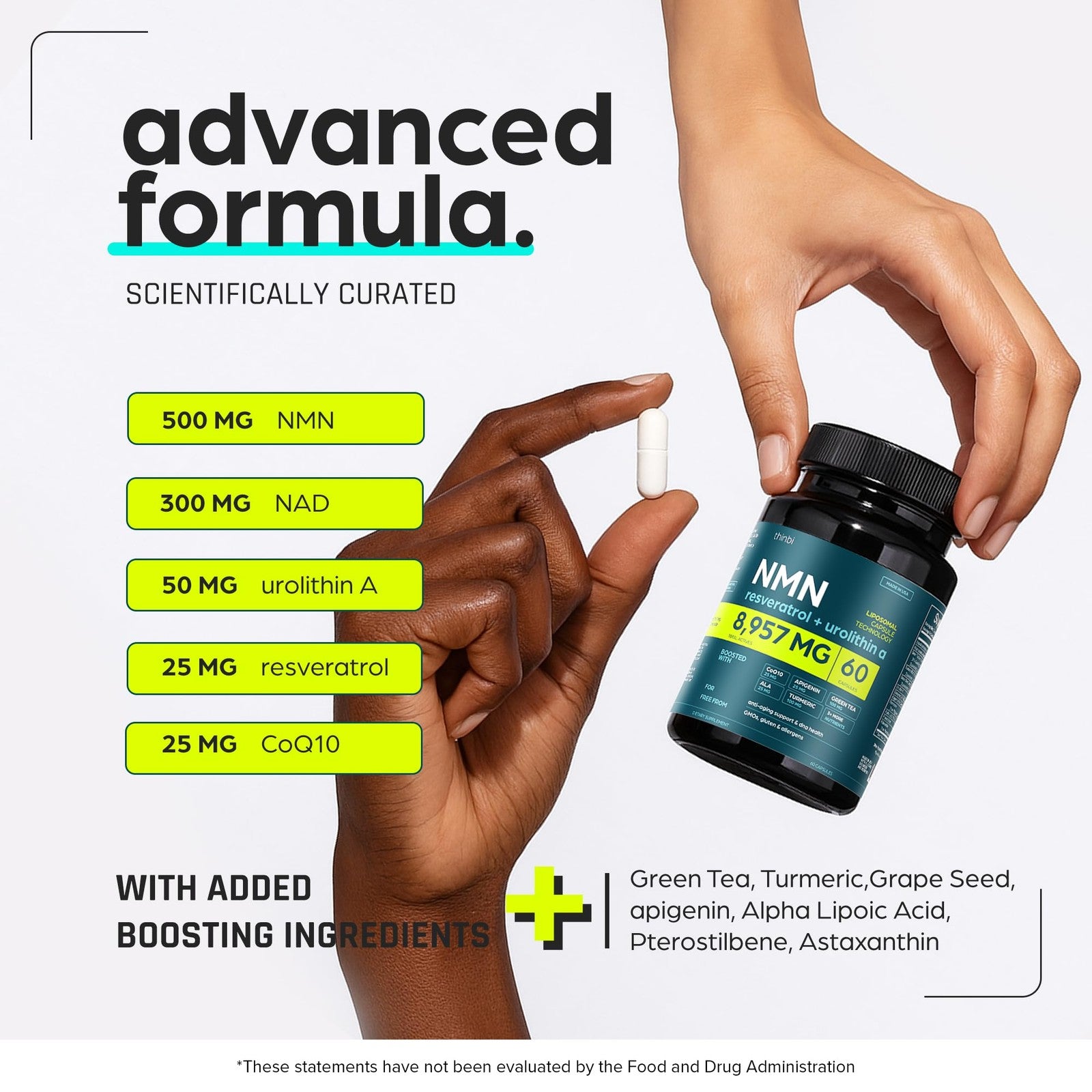 Thinbi NMN supplement bottle with label highlighting 8957mg NAD+ and ingredients Urolithin A and Resveratrol, on a white background.