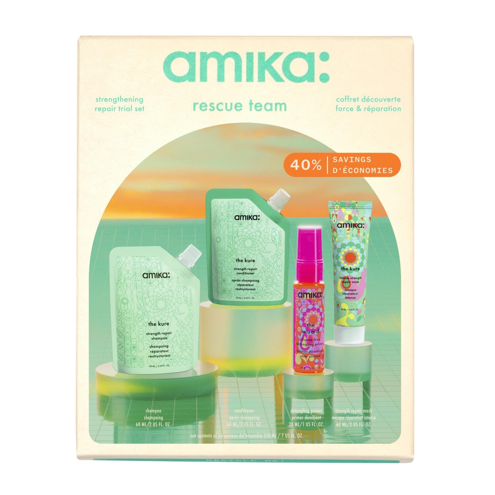Amika Rescue Team Hair Routine Trial Set featuring shampoo, conditioner, and hair mask in sleek packaging for damaged hair care.