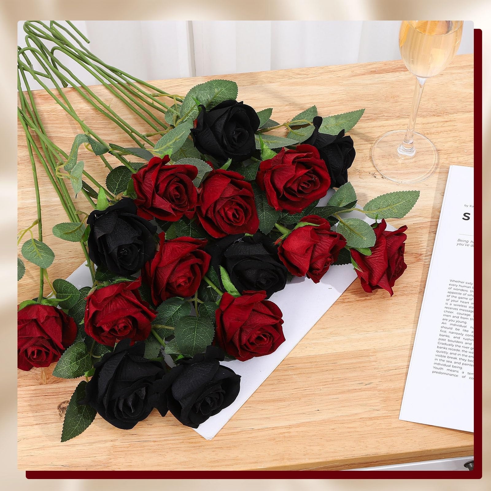 Ovveroche 80-piece set of black and red silk artificial roses, realistic faux flower bouquet for decoration or crafts.