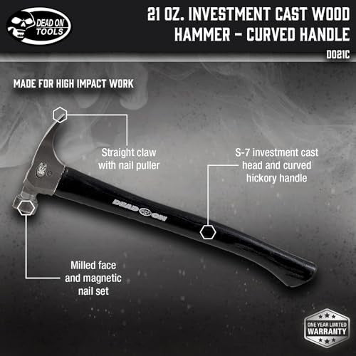 Dead On 16-inch curved hickory handle wood hammer with a 21oz head, suitable for woodworking and carpentry tasks.