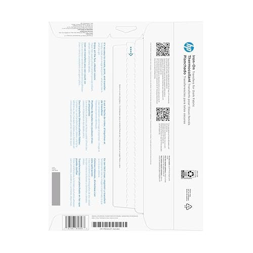 HP dark fabric iron-on transfer sheets, 8.5x11 inches, showing a stack of 20 sheets with printed designs for clothing decoration.