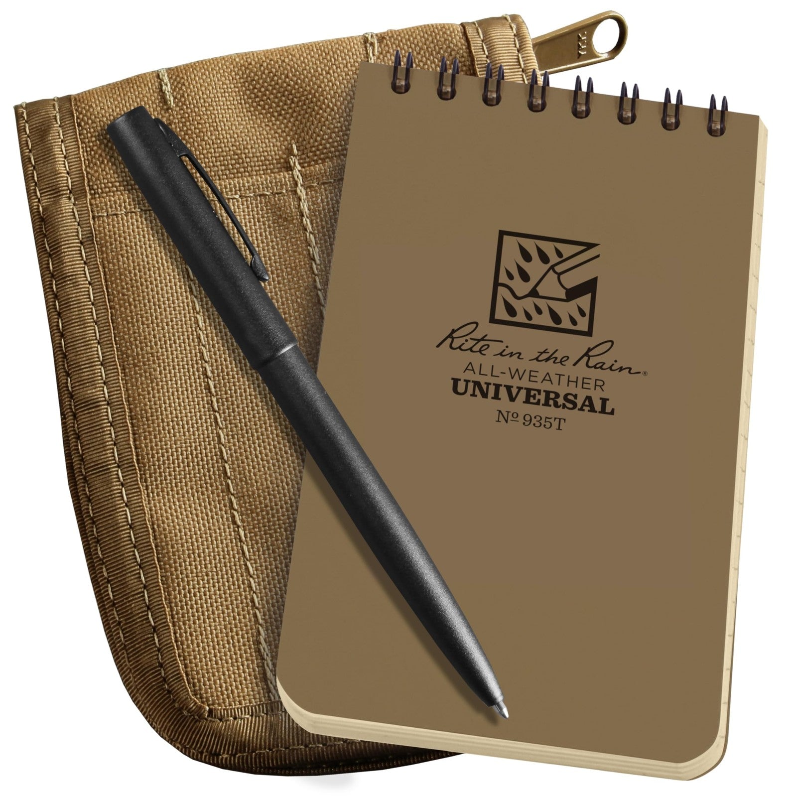 Rite in the Rain weatherproof 3x5 top spiral notebook kit with tan CORDURA cover and pen, designed for durable outdoor note-taking.