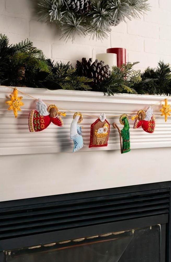 Bucilla Felt Applique Garland Kit featuring nativity scene designs for DIY arts and crafts projects.