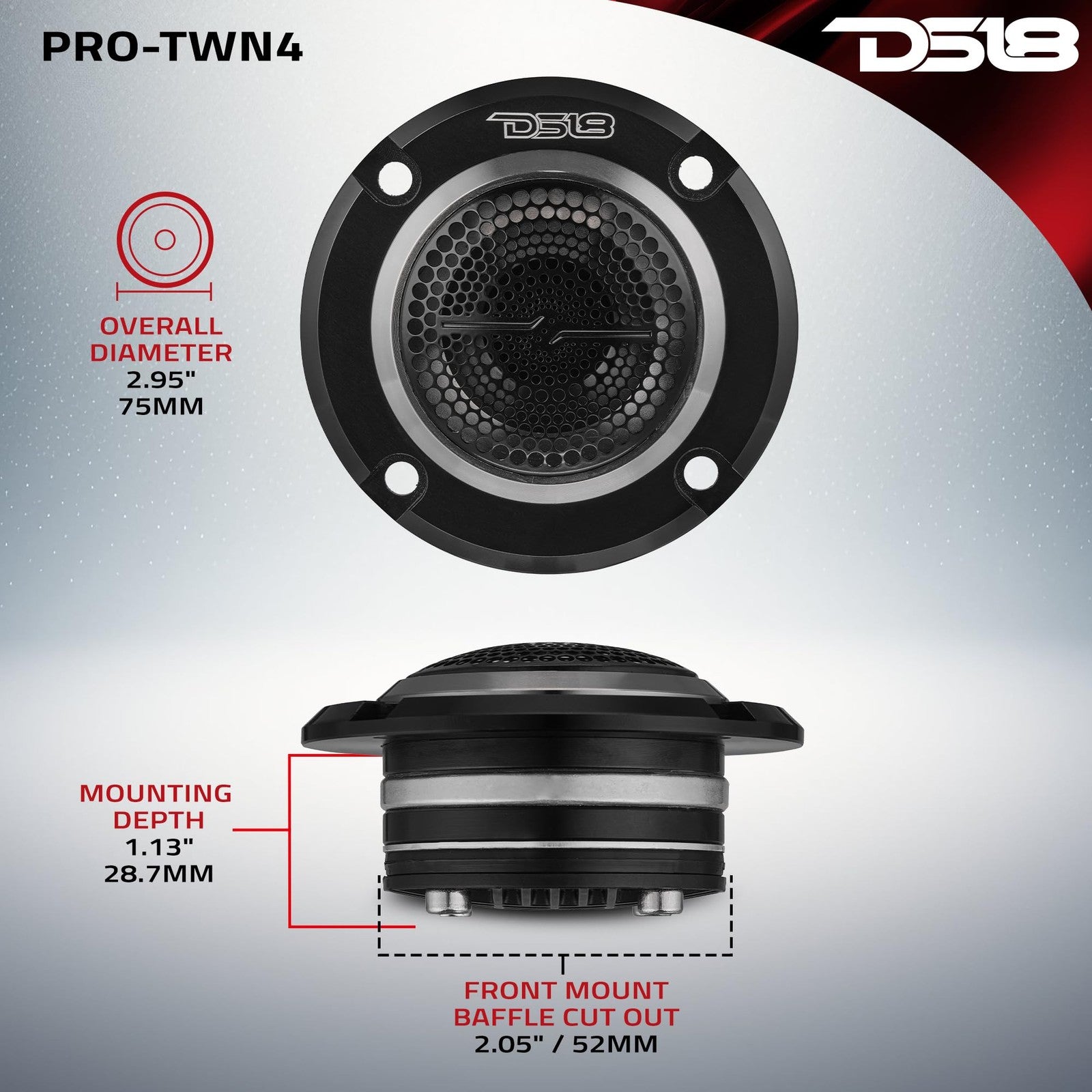 DS18 Pro-Twn4 high compression neodymium super bullet tweeter with 1-inch VC, 280 max power, and 140W output.