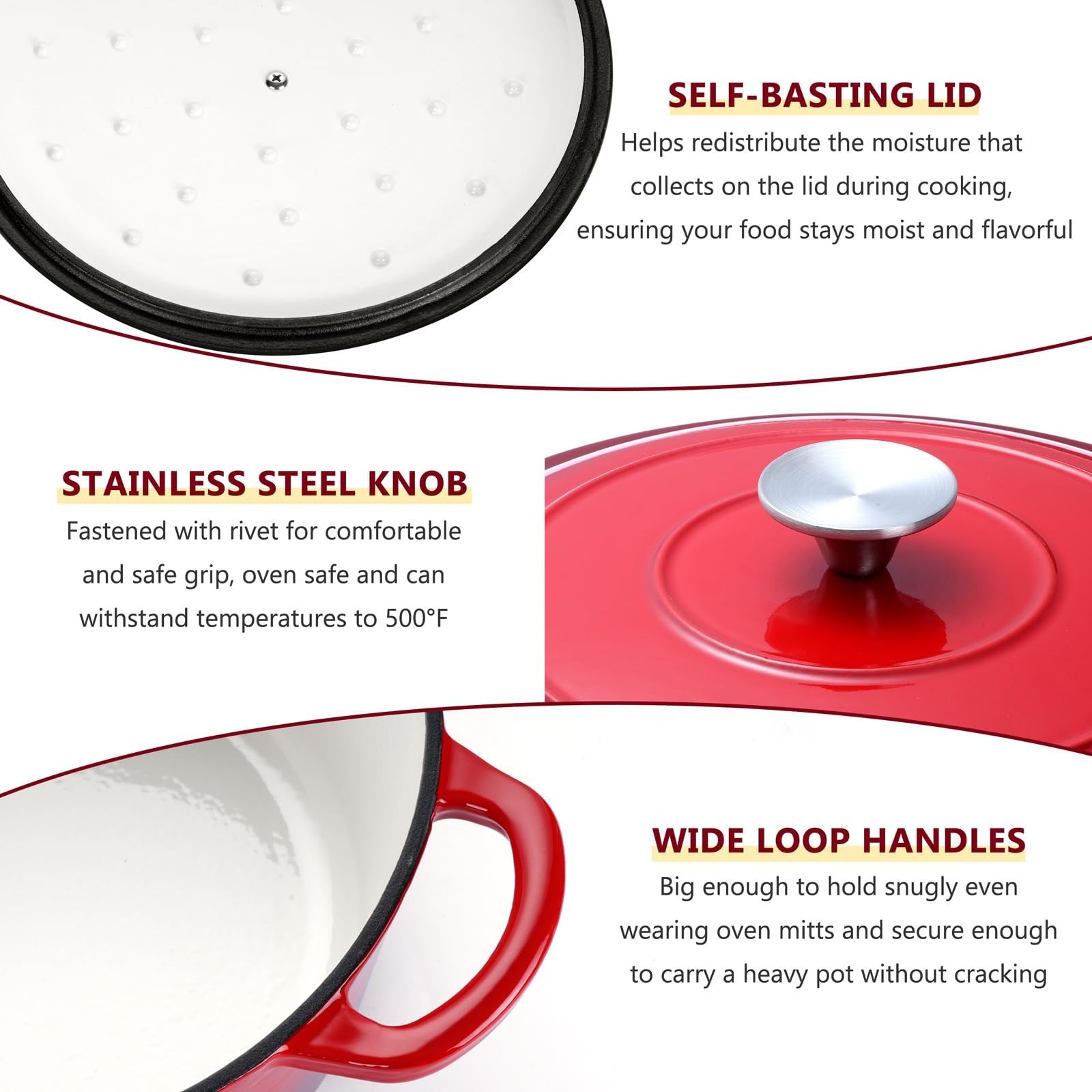 E-far 3 Qt enameled cast iron Dutch oven with lid, small round nonstick Dutch oven, black interior and exterior