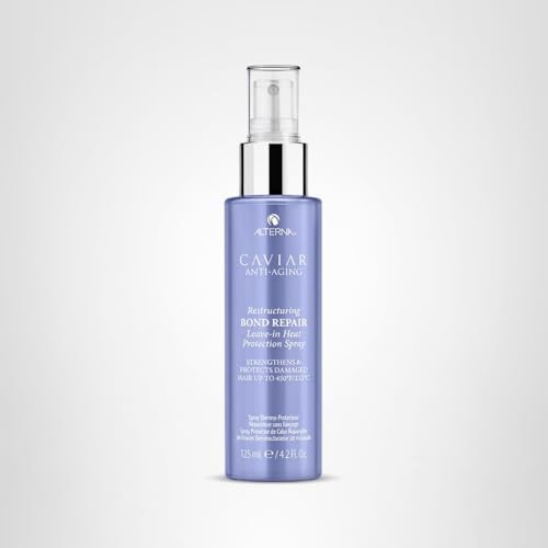 Alterna CAVIAR Anti-Aging Restructuring Bond Repair Leave-in Heat Protectant for hair, shown in a sleek bottle with pump dispenser.