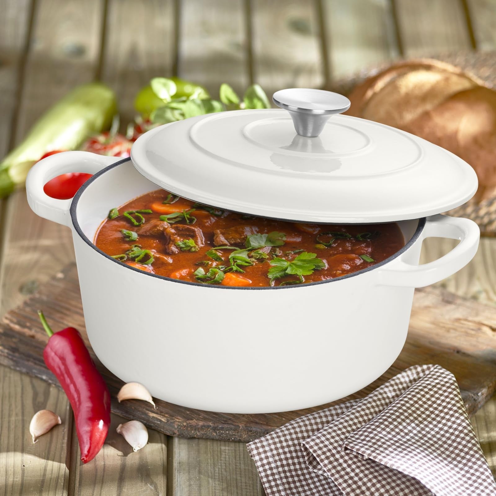 E-far 3 Qt enamelled cast iron Dutch oven with lid, small round nonstick pot for versatile cooking and even heat distribution.
