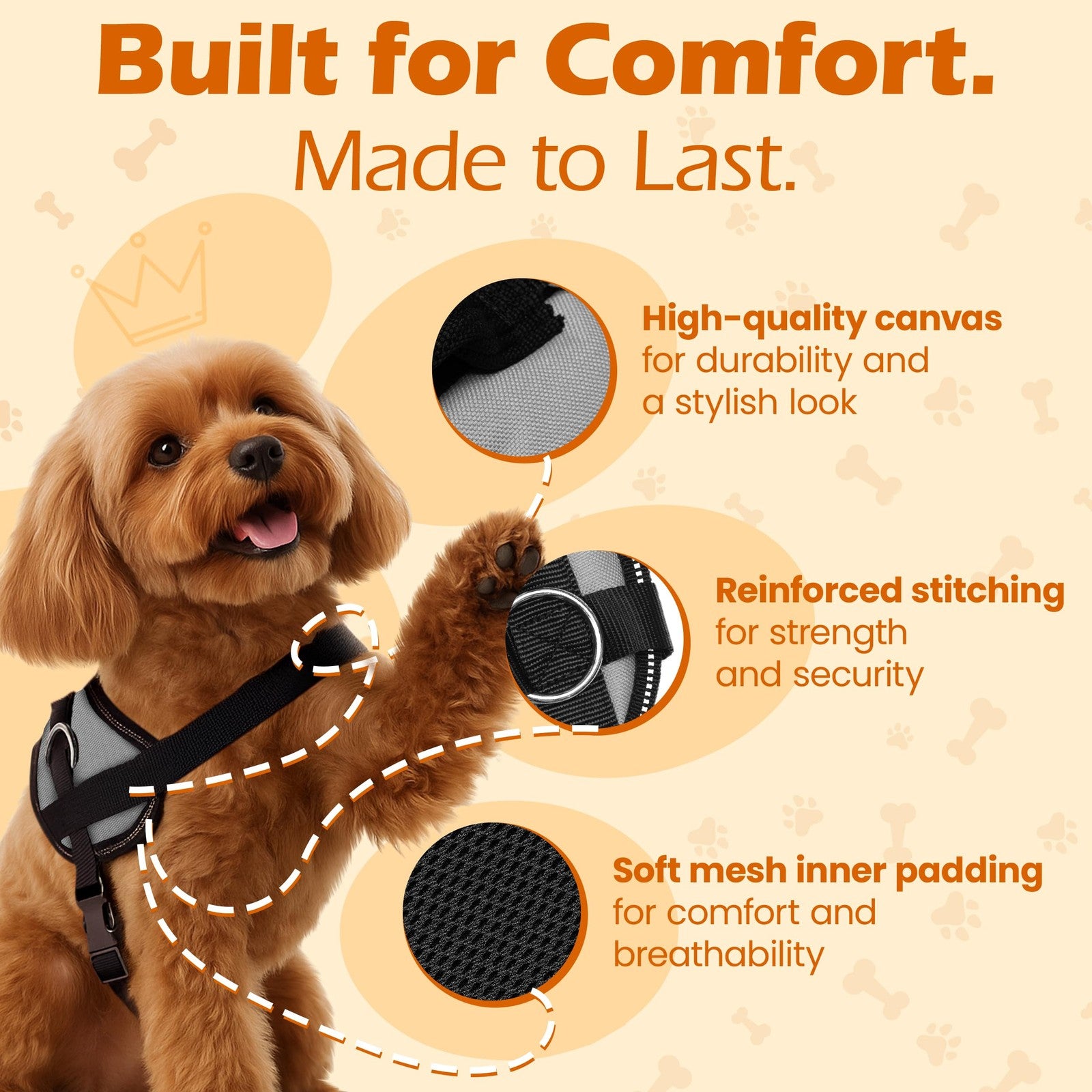 Gray Bark Appeal no-pull dog harness for small to medium pets, adjustable, comfortable fit, made for easy control and safety.