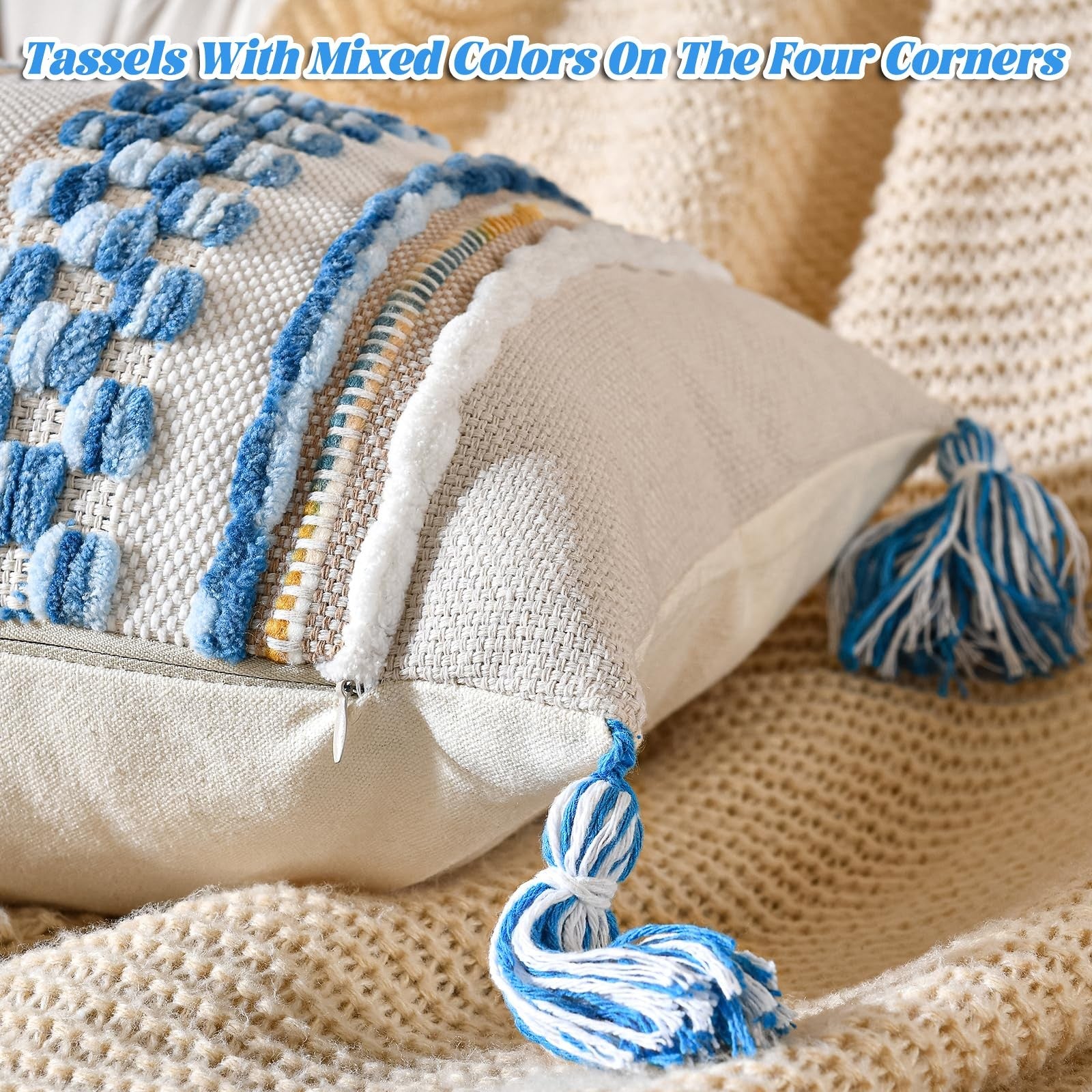 AmHoo chenille striped boho throw pillow cover with textured design and tassels, decorative accent for sofa or bed.