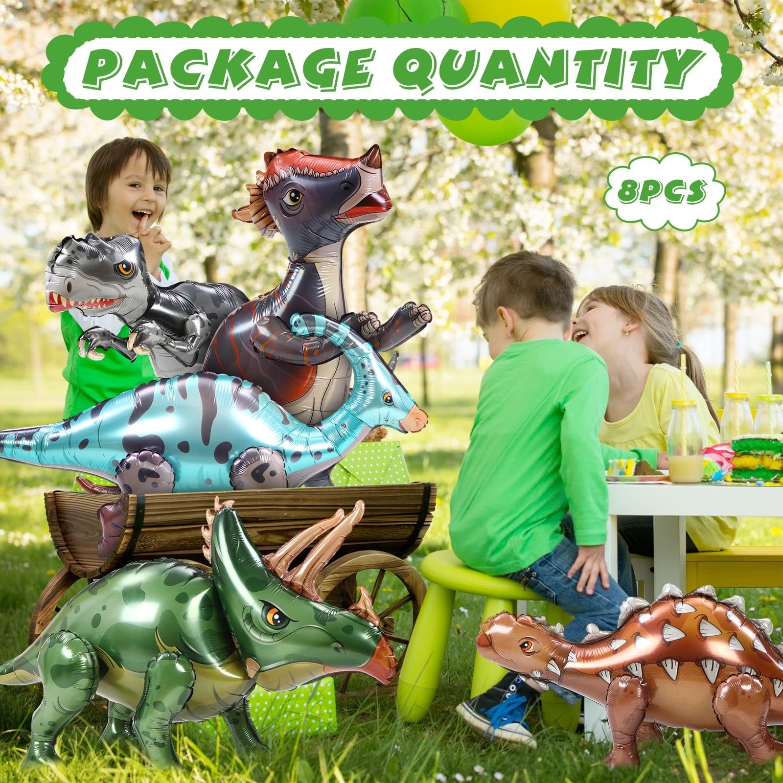 Vinsot 8-pack of giant inflatable dinosaur toys for birthday party decorations in vibrant 3D design, suitable for kids' celebrations.