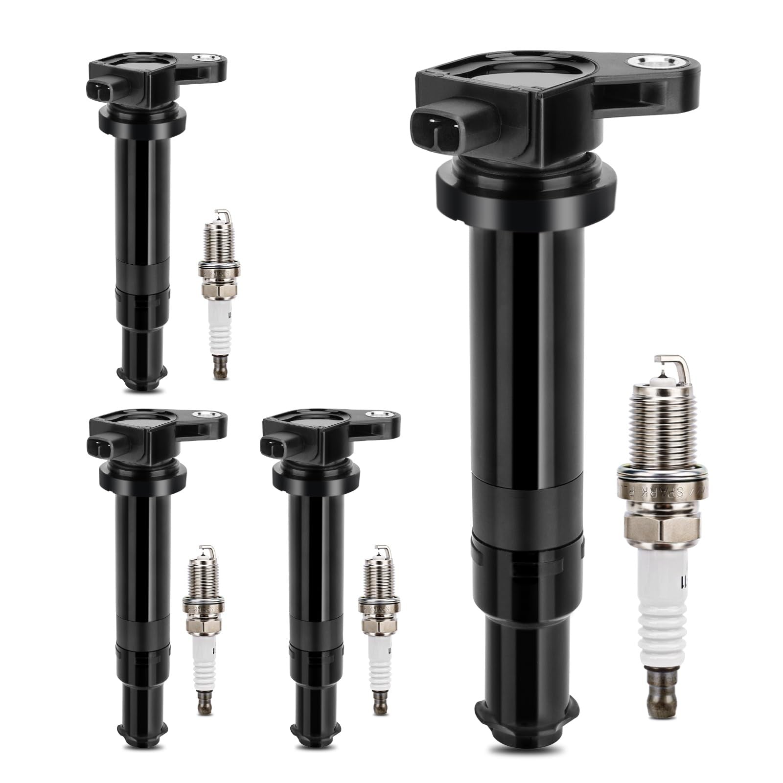 X4XZ UF499 ignition coil and 7090 double iridium spark plug for Hyundai Kia 1.6L engine, showing the coil and spark plug components.
