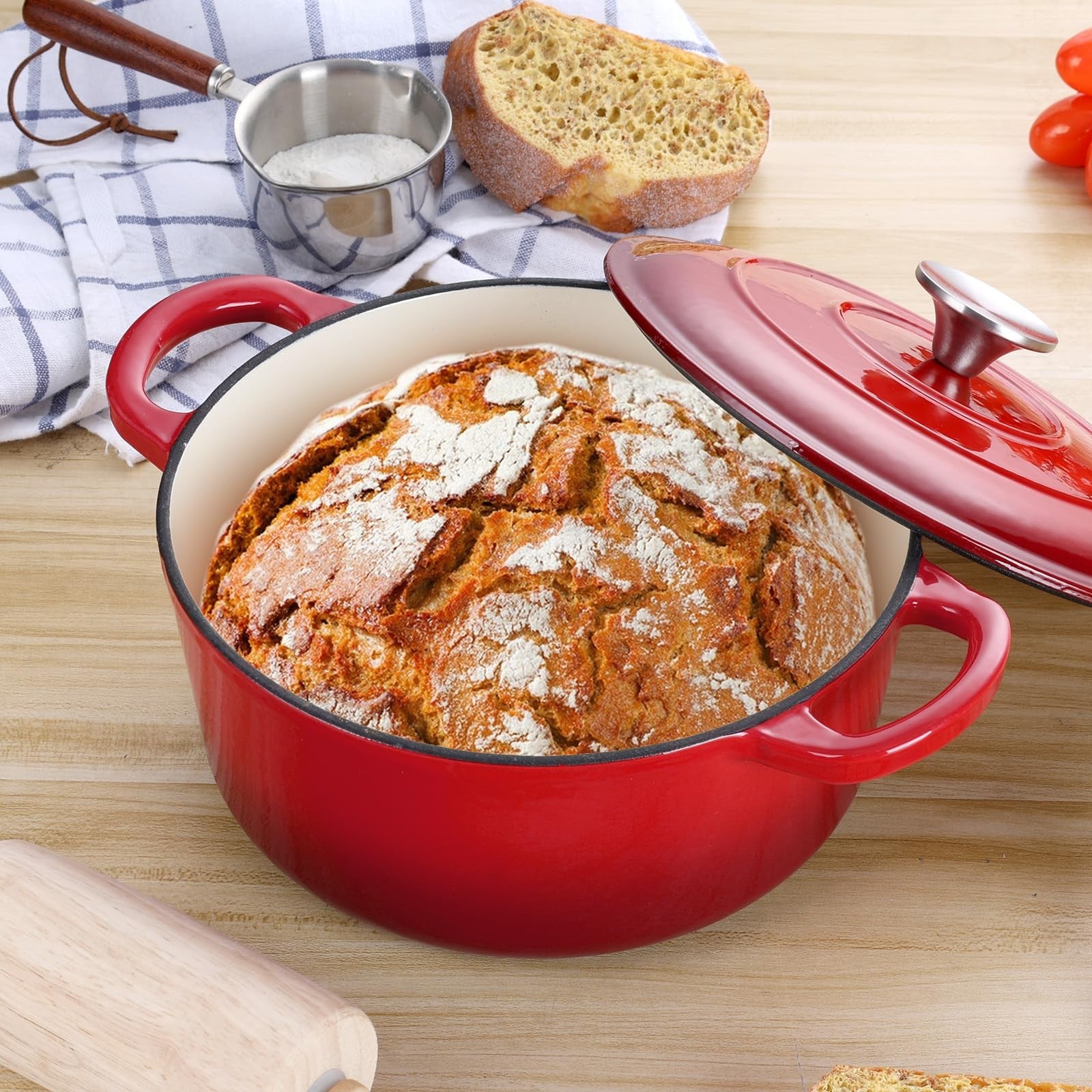 E-far 3 Qt enameled cast iron Dutch oven with lid, small round nonstick cookware for stove and oven use