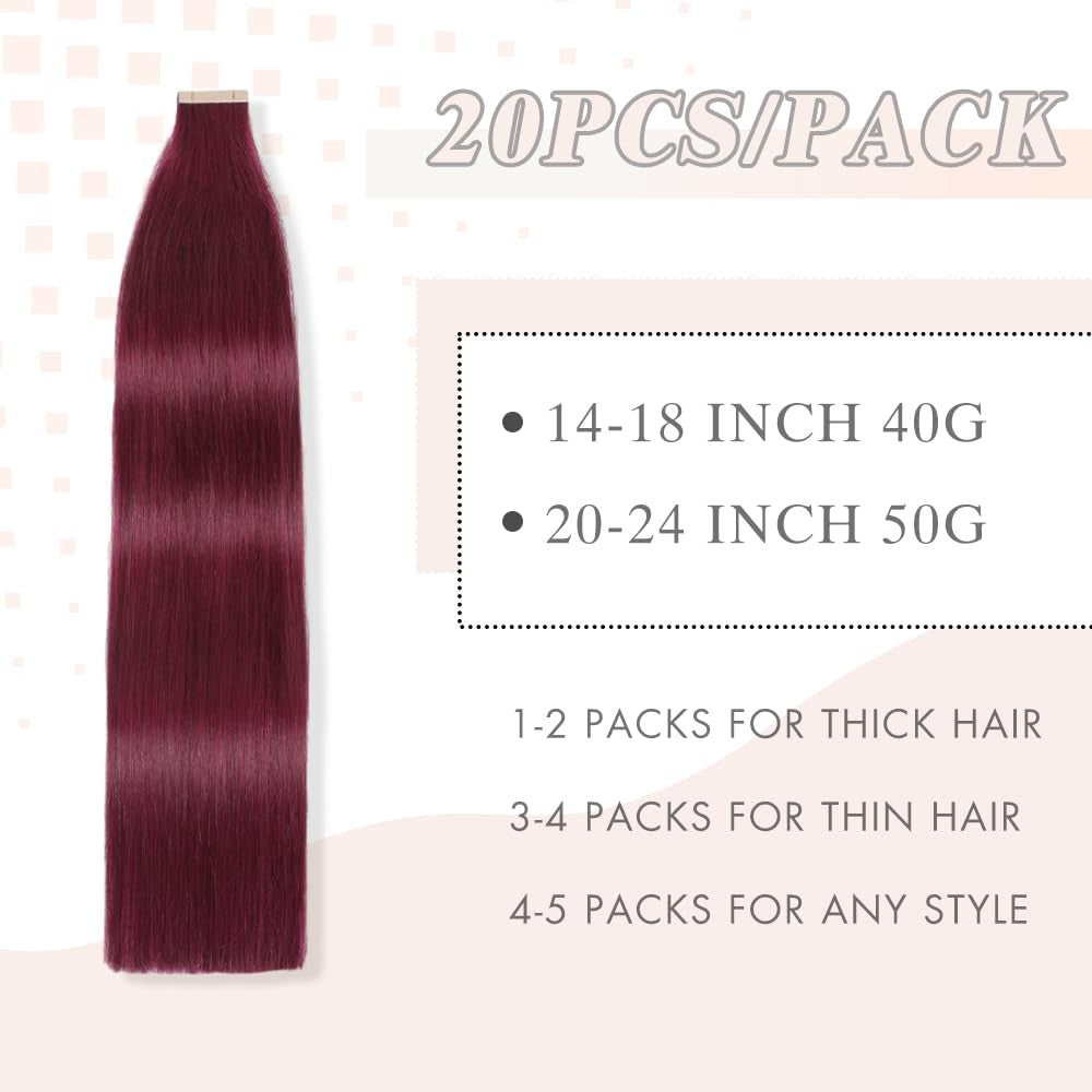 OBHD Burgundy tape-in human hair extensions, 20pcs, 16-inch Remy straight skin weft for seamless hair enhancement.