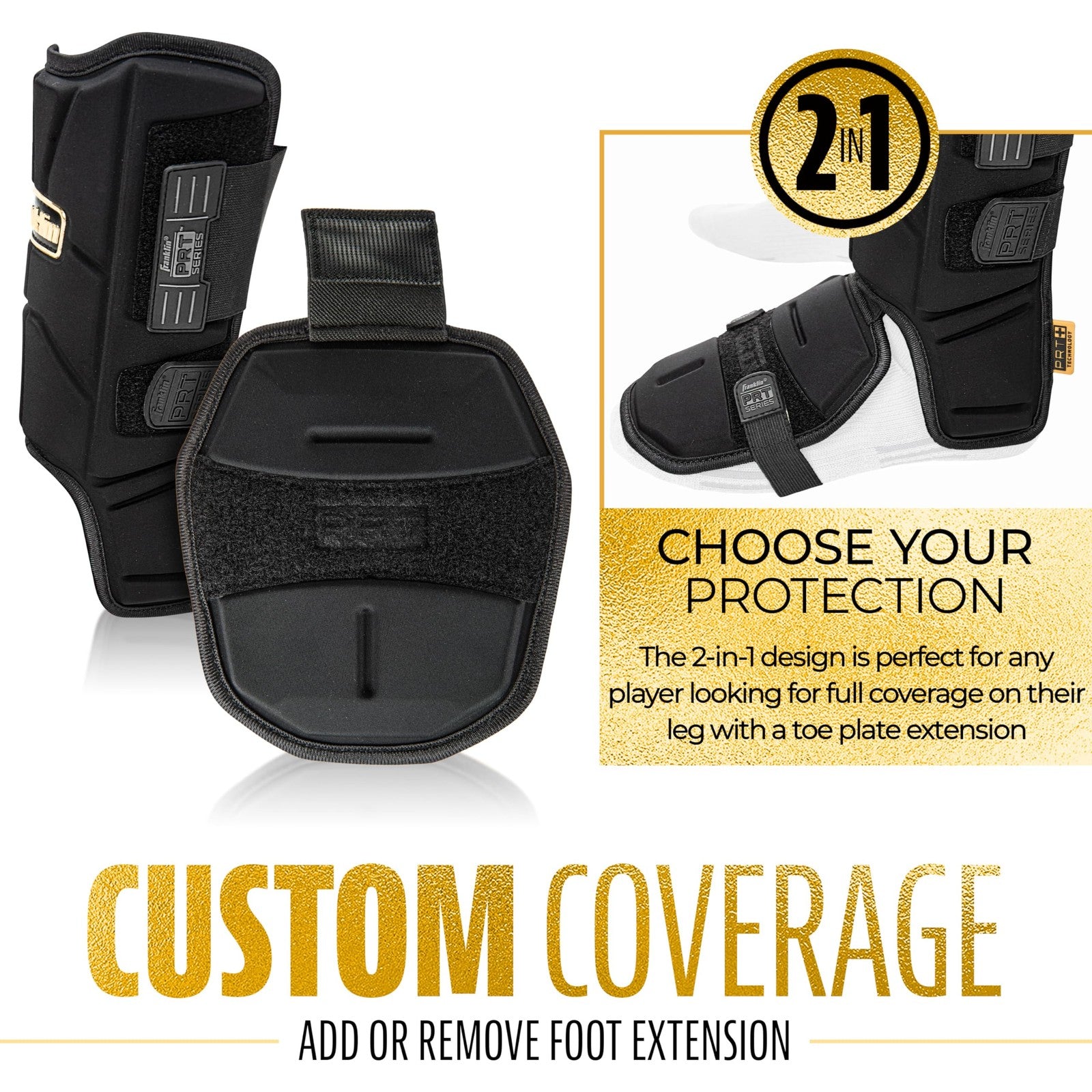 Franklin Sports youth baseball and softball leg guard with shin and foot protection, featuring adjustable straps and padded design.