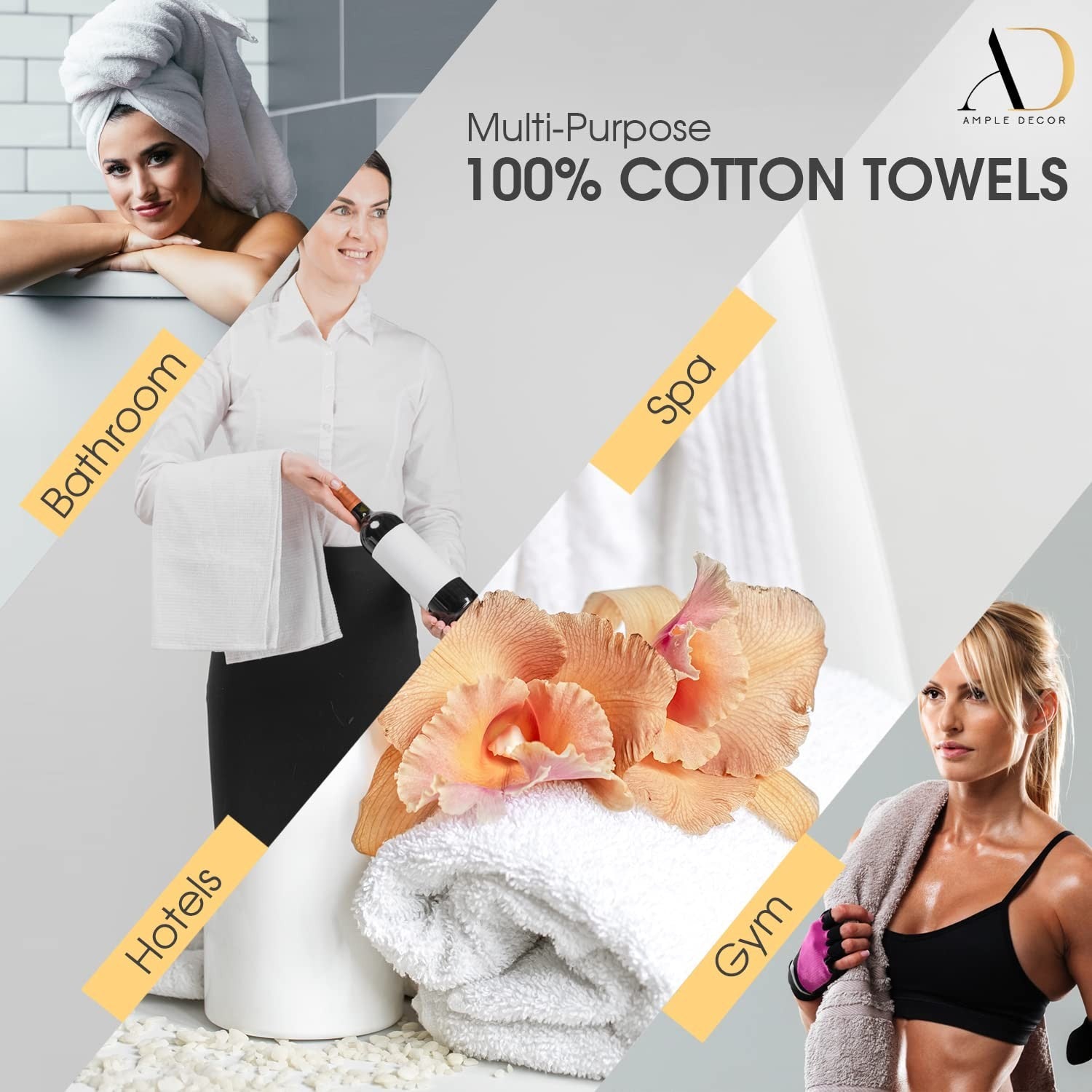 Set of six Ample Decor cotton hand towels, 18x28 inches, with 600 GSM, featuring natural white fabric and OEKO-TEX certified quality.