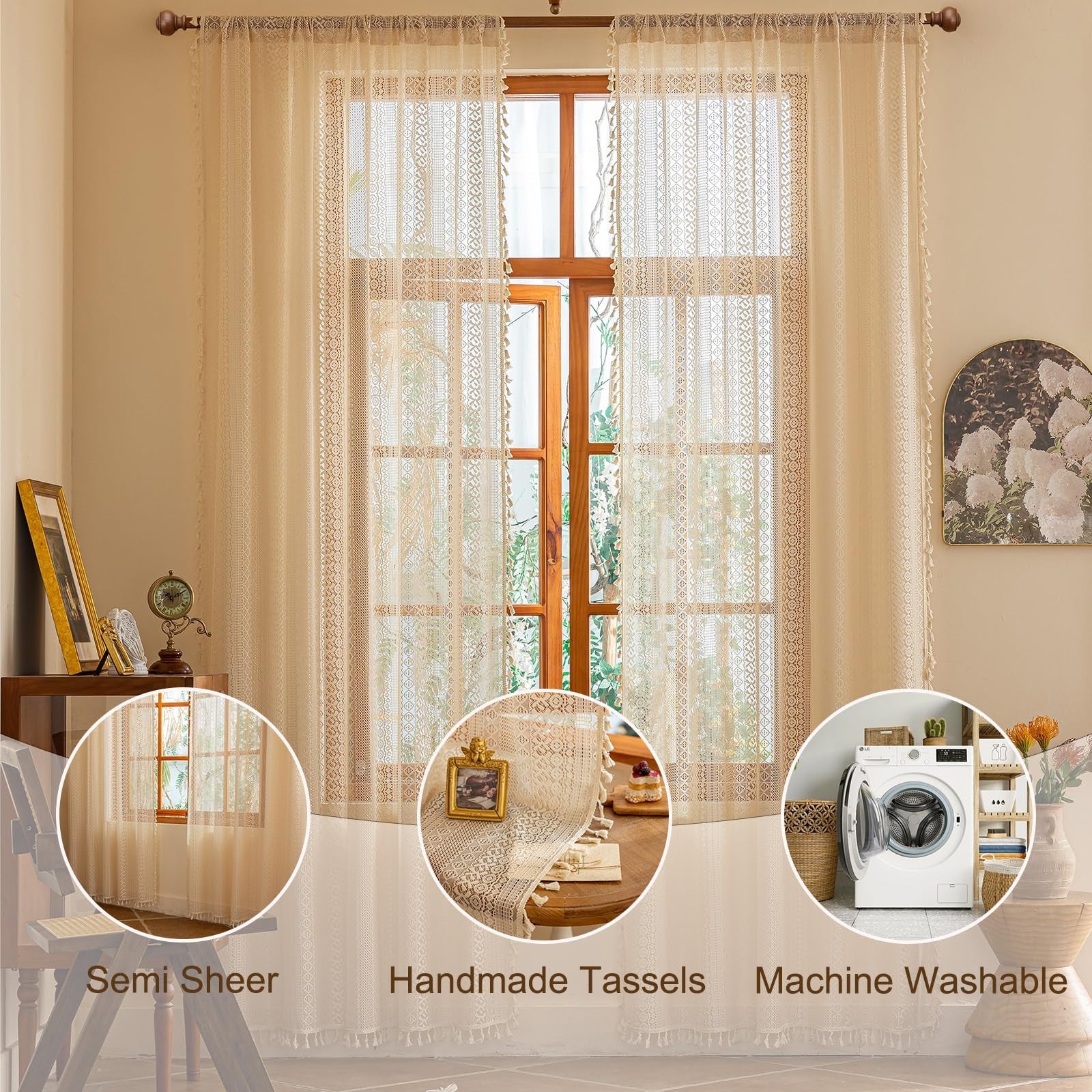 Beige boho vintage lace curtains by Sutuo Home, 108 inches long, ideal for dining room windows with elegant, lightweight fabric.