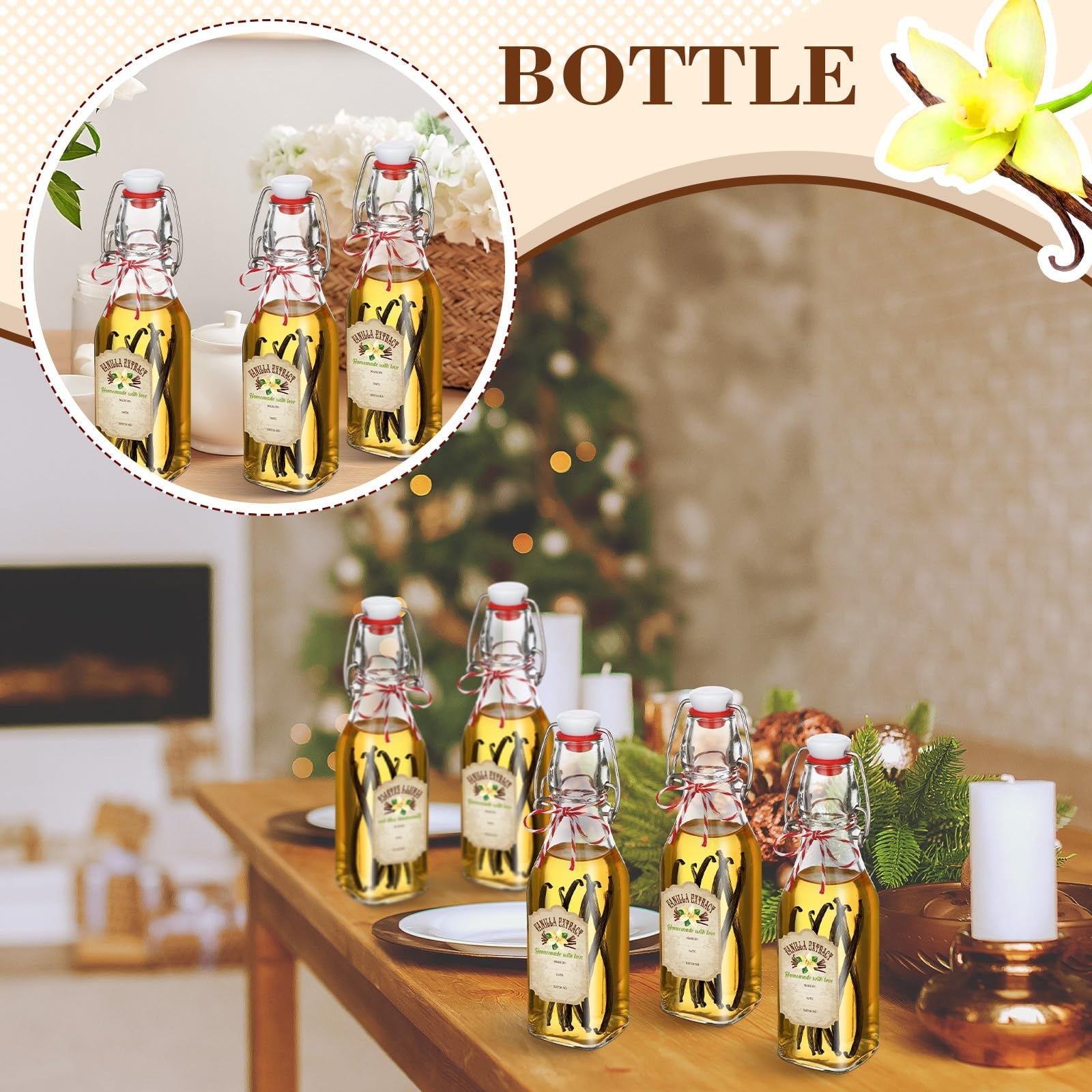 Uiifan 12-pack 12 oz clear glass vanilla extract bottles with caps, suitable for whiskey or other liquids, arranged in a row.