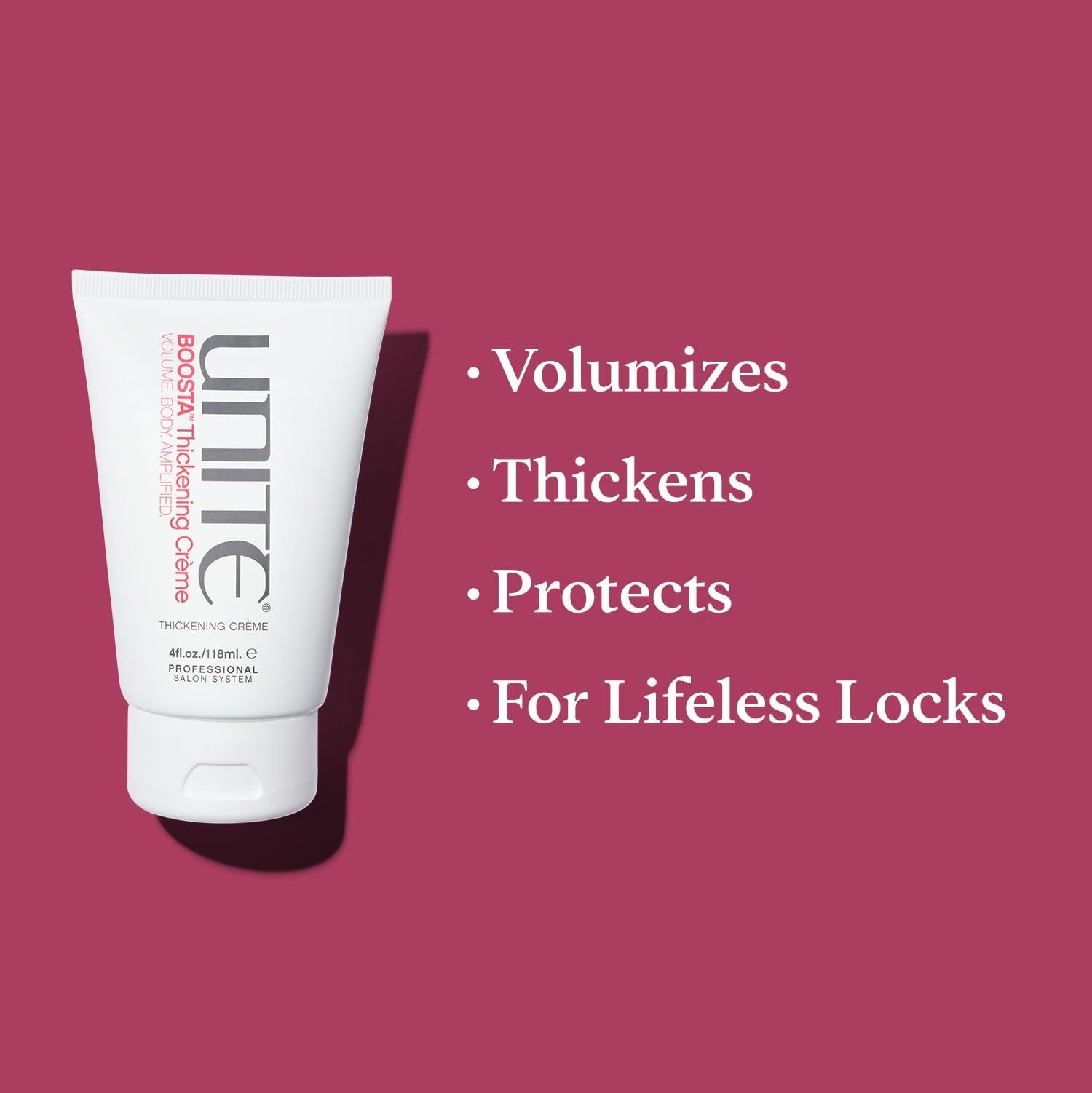 UNITE BOOSTA Thickening Crème styling cream for fine, limp hair, showing a tube of volumizing hair product with a pump applicator.