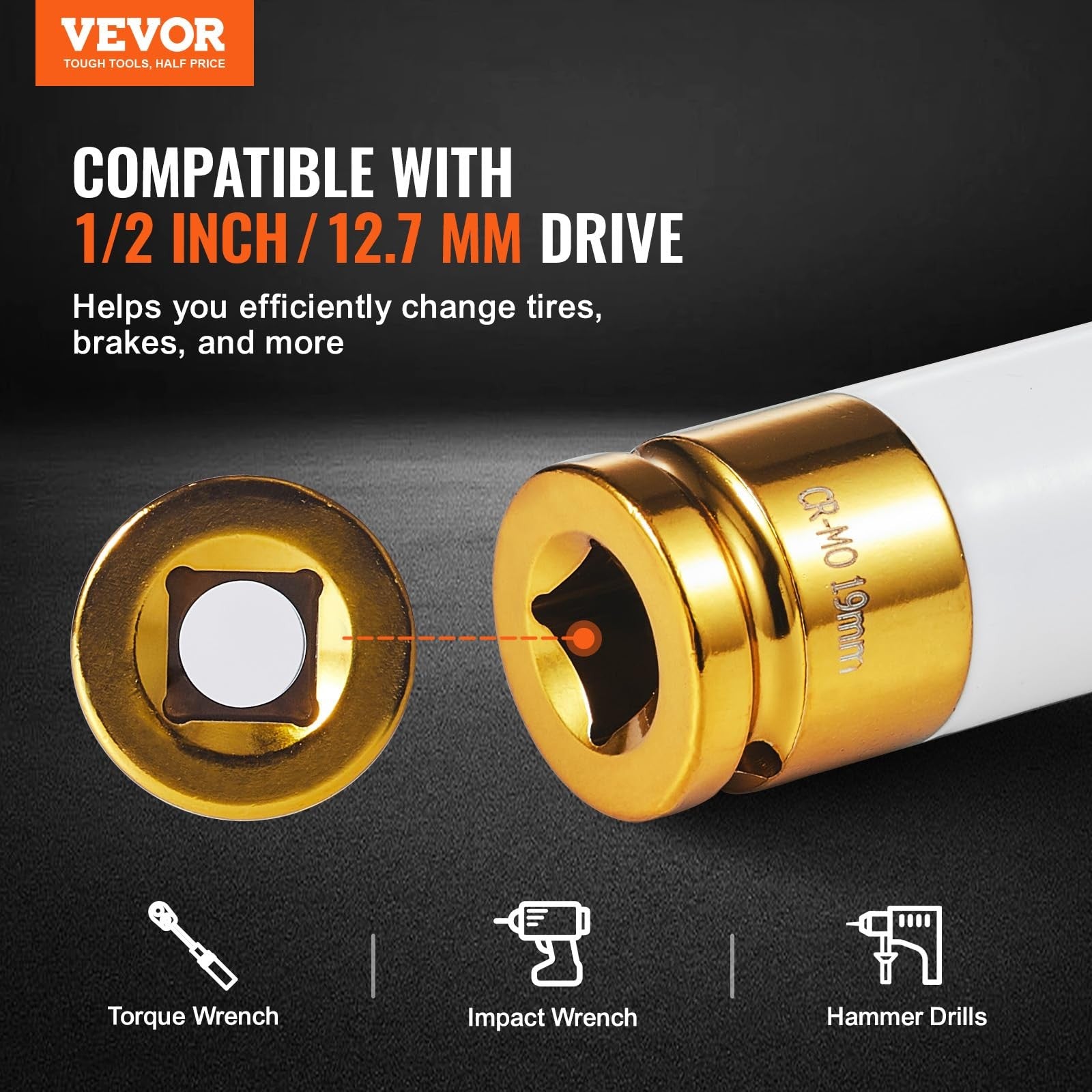 Set of VEVOR 9-piece 1/2 inch drive impact sockets for lug nuts, metric and SAE, 6-point, with various sizes arranged on a white surface.