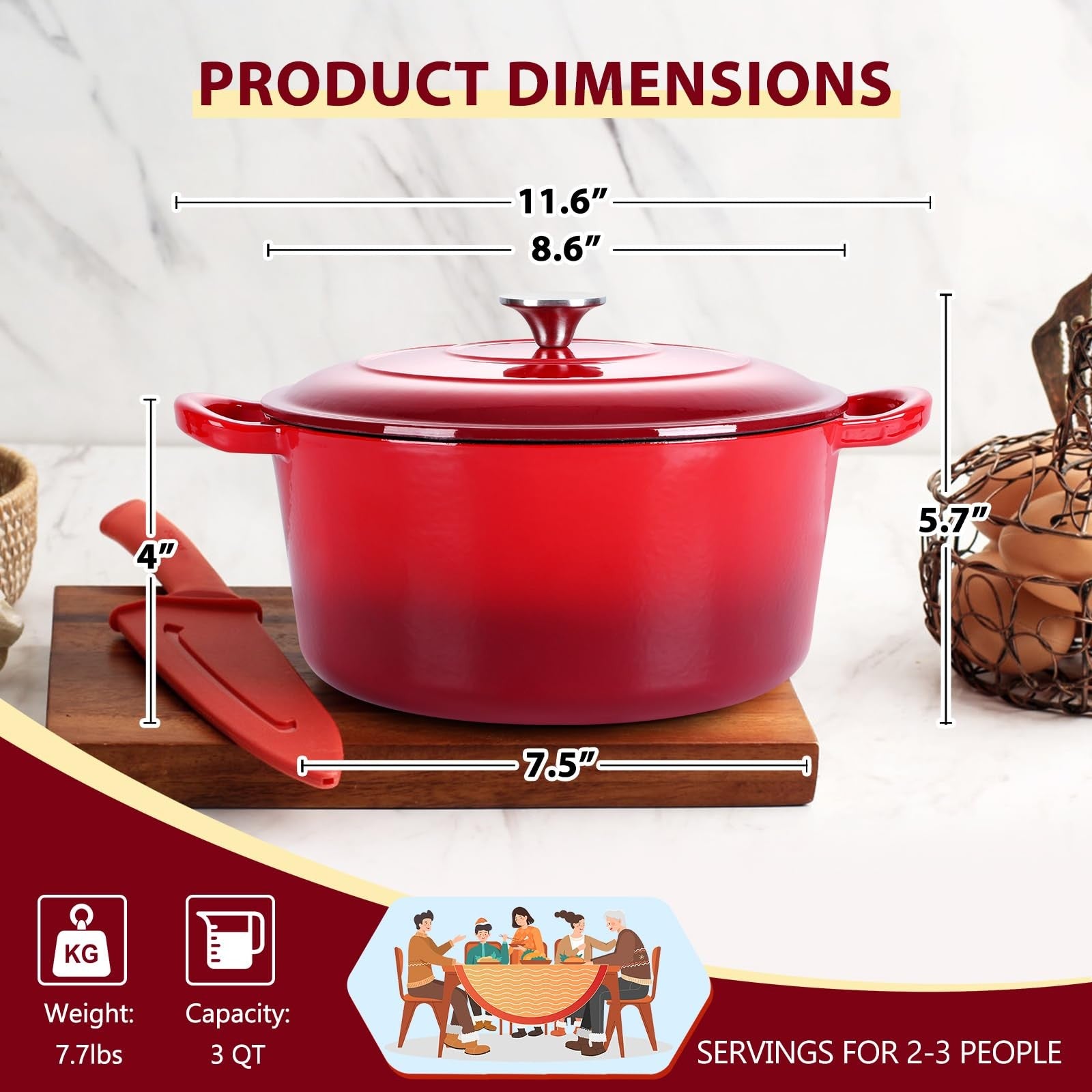 E-far 3 Qt enameled cast iron Dutch oven with lid, small round nonstick cooking pot, sturdy and colorful kitchen cookware