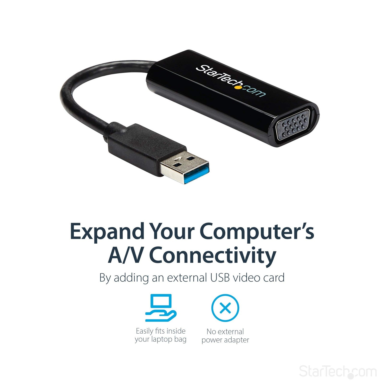 StarTech.com USB 3.0 to VGA adapter showing a compact black device connected to a Windows computer with VGA output visible