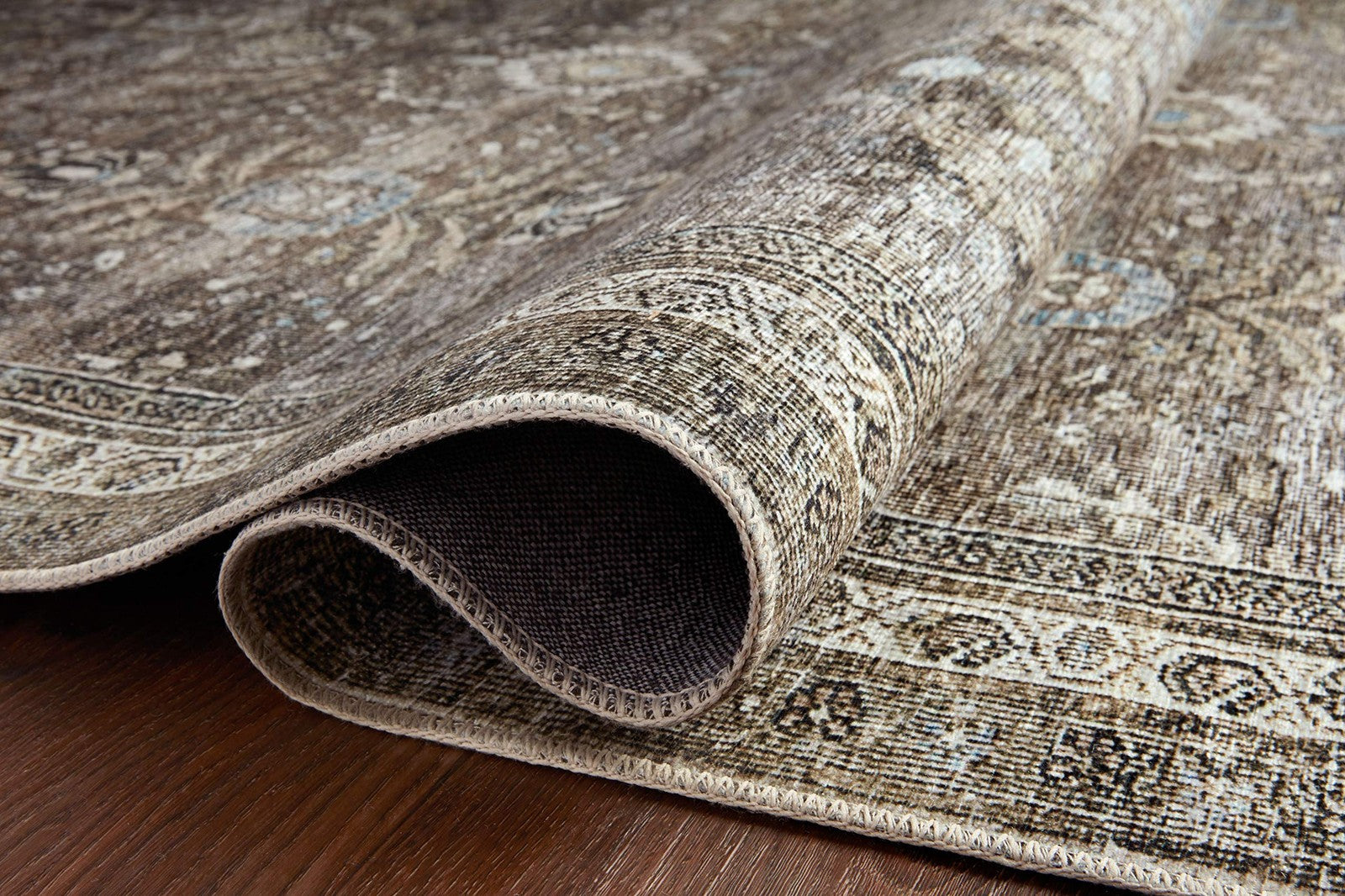 Loloi Layla Collection Lay-13 antique and moss-colored runner rug with soft texture, measuring 2-6 x 7-6, 0.13 inches thick.