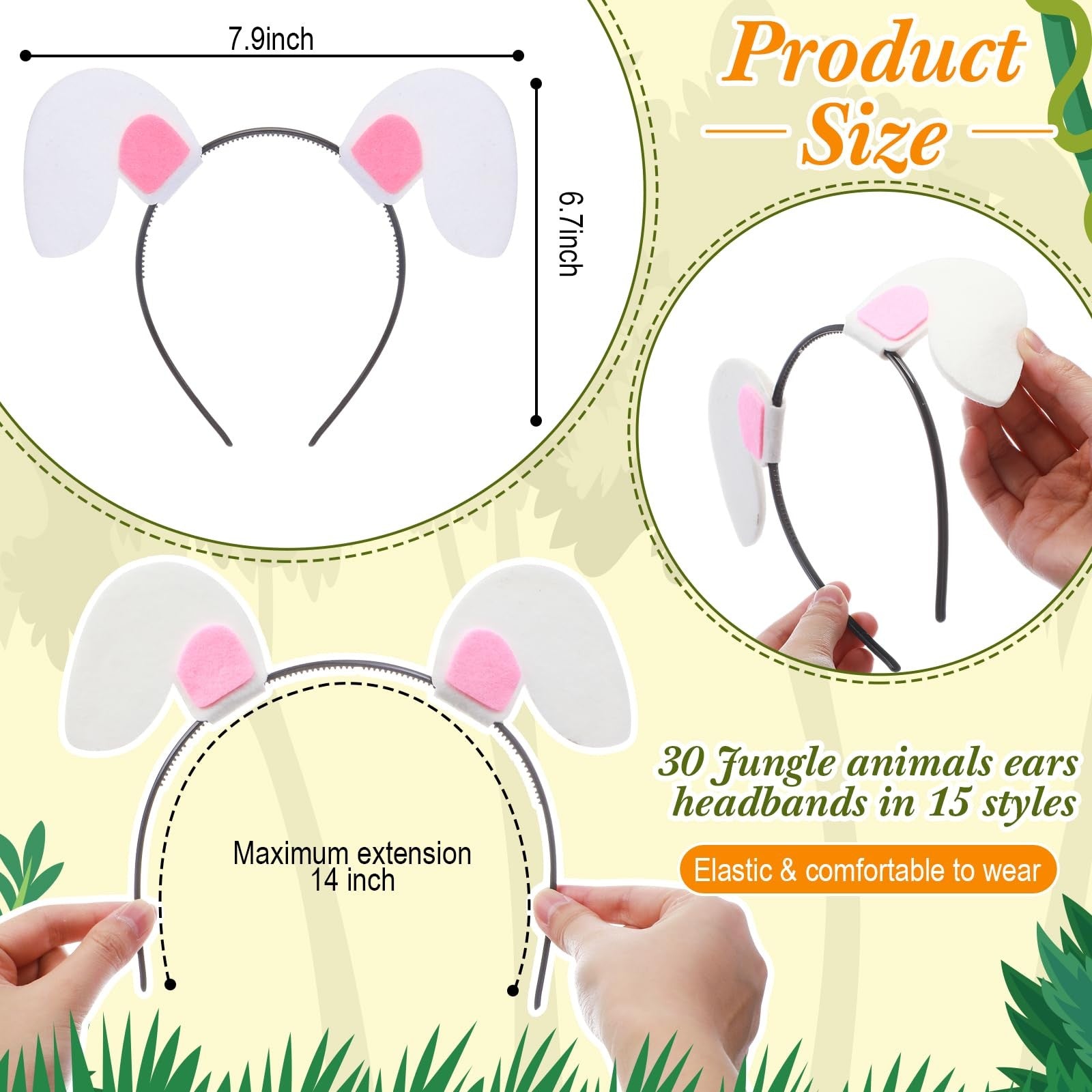 Kigeli 30-piece jungle animal safari headbands with ears, perfect for hair hoops and photo booths, featuring colorful animal designs.