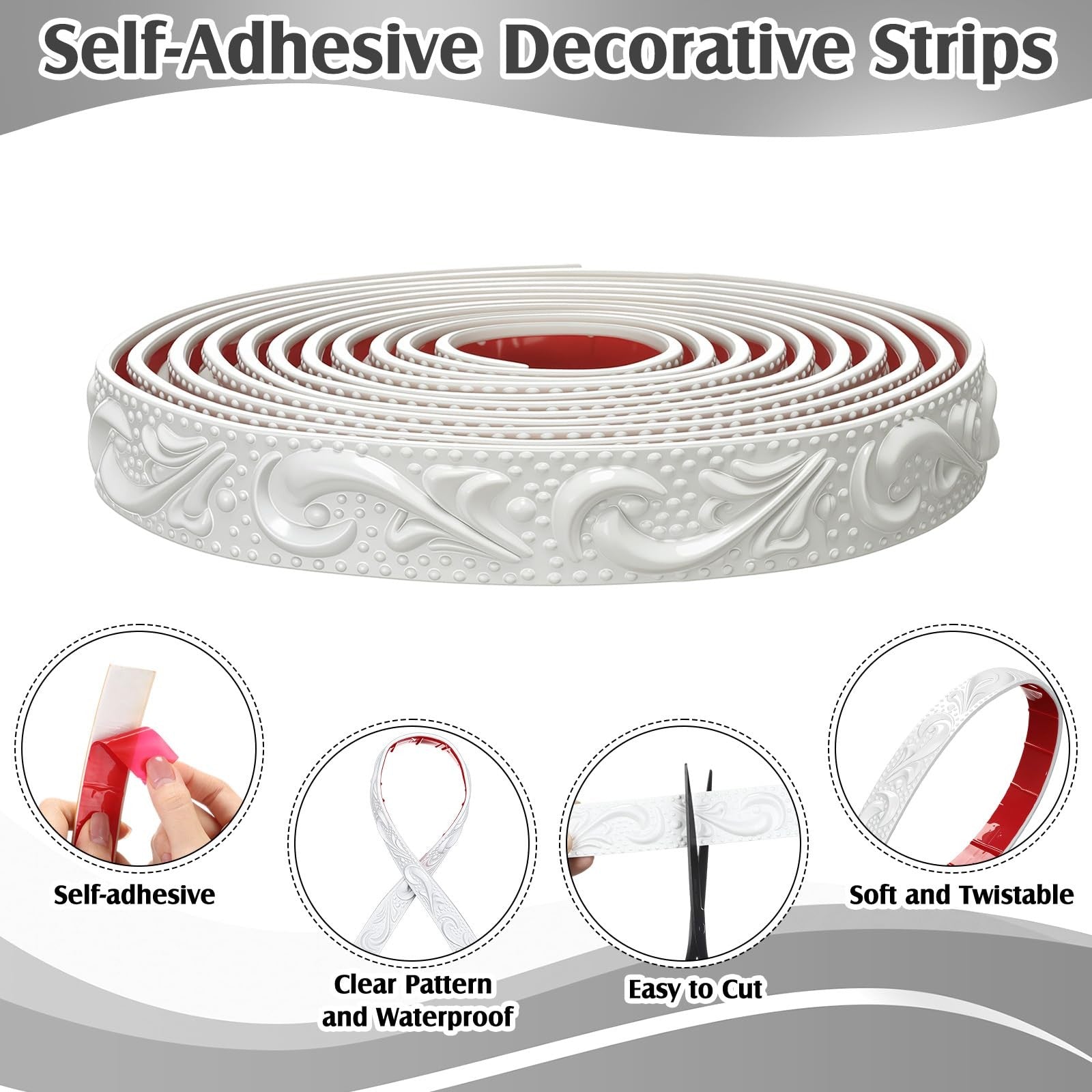 Sacubee peel and stick PVC crown molding trim, flexible, 13.1 ft length, shown installed along ceiling corner for a smooth finish.