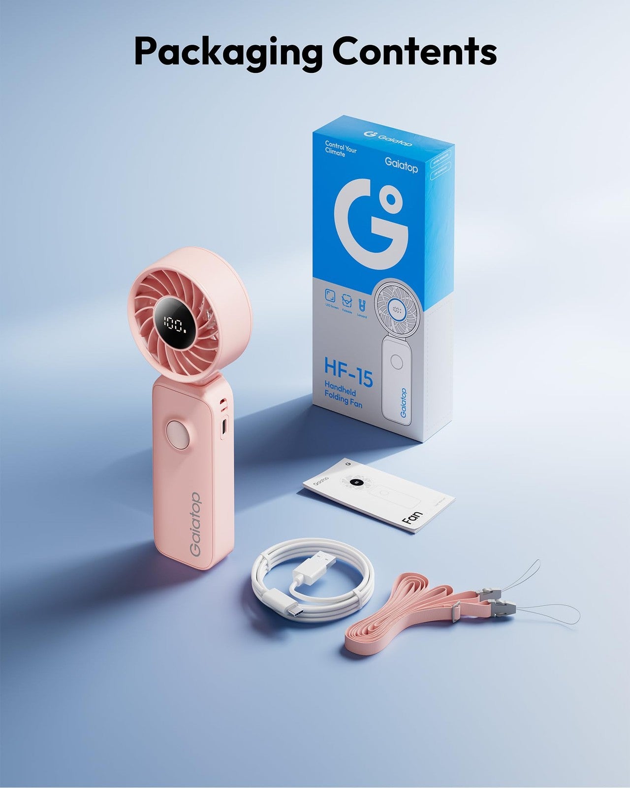 Gaiatop portable handheld fan with 5 speeds, rechargeable battery, and 3-in-1 neck design, showing the fan in a compact form.