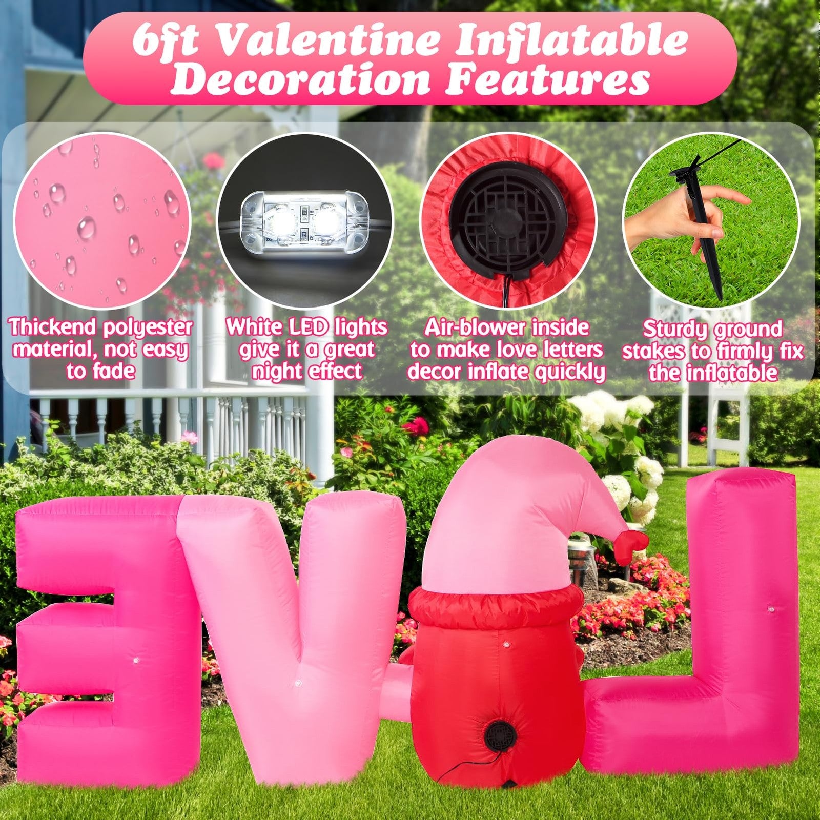 Wabolay Valentines Day inflatable outdoor decoration, 6-foot long red and pink heart with "Happy Valentines Day" text.