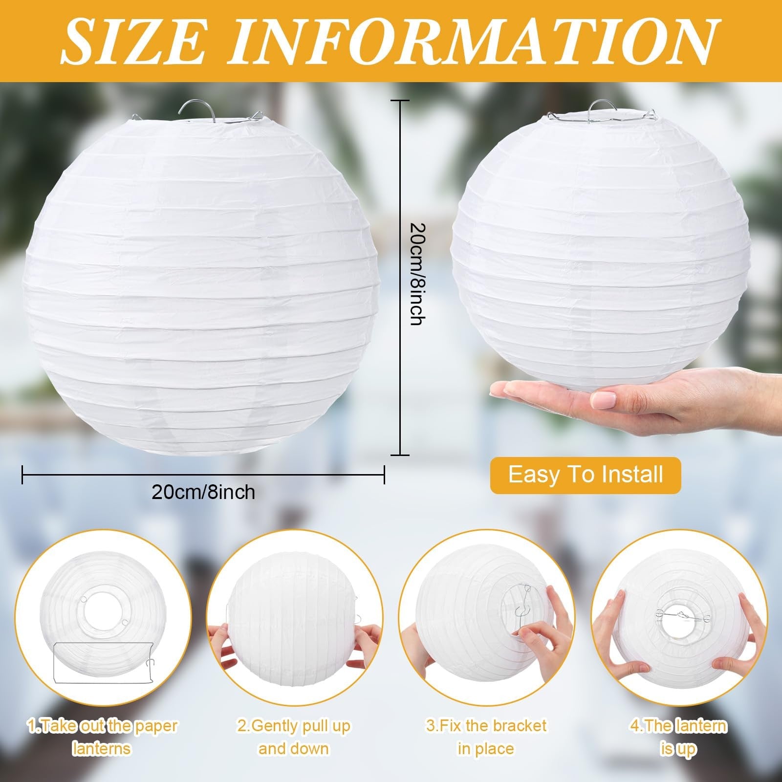 Set of 48 white Chinese paper lanterns by Treela, decorative hanging paper balls for events and celebrations.