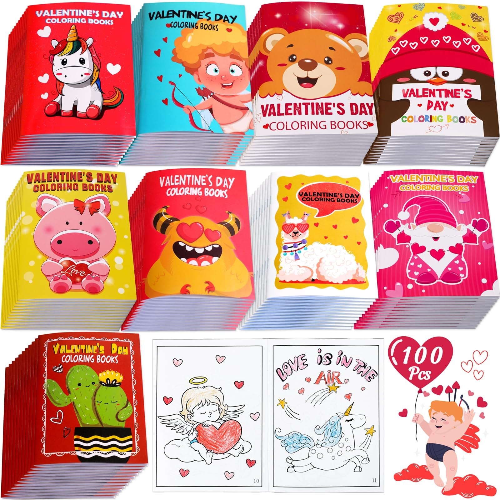 Set of 100 mini Valentine’s Day coloring books for kids by 90shine, featuring colorful covers and playful designs for gift-giving.