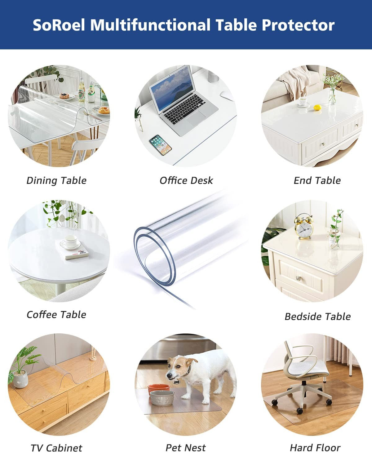 Clear 46-inch round waterproof dining room table cover by Soroel, easy to clean and protect your table surface.