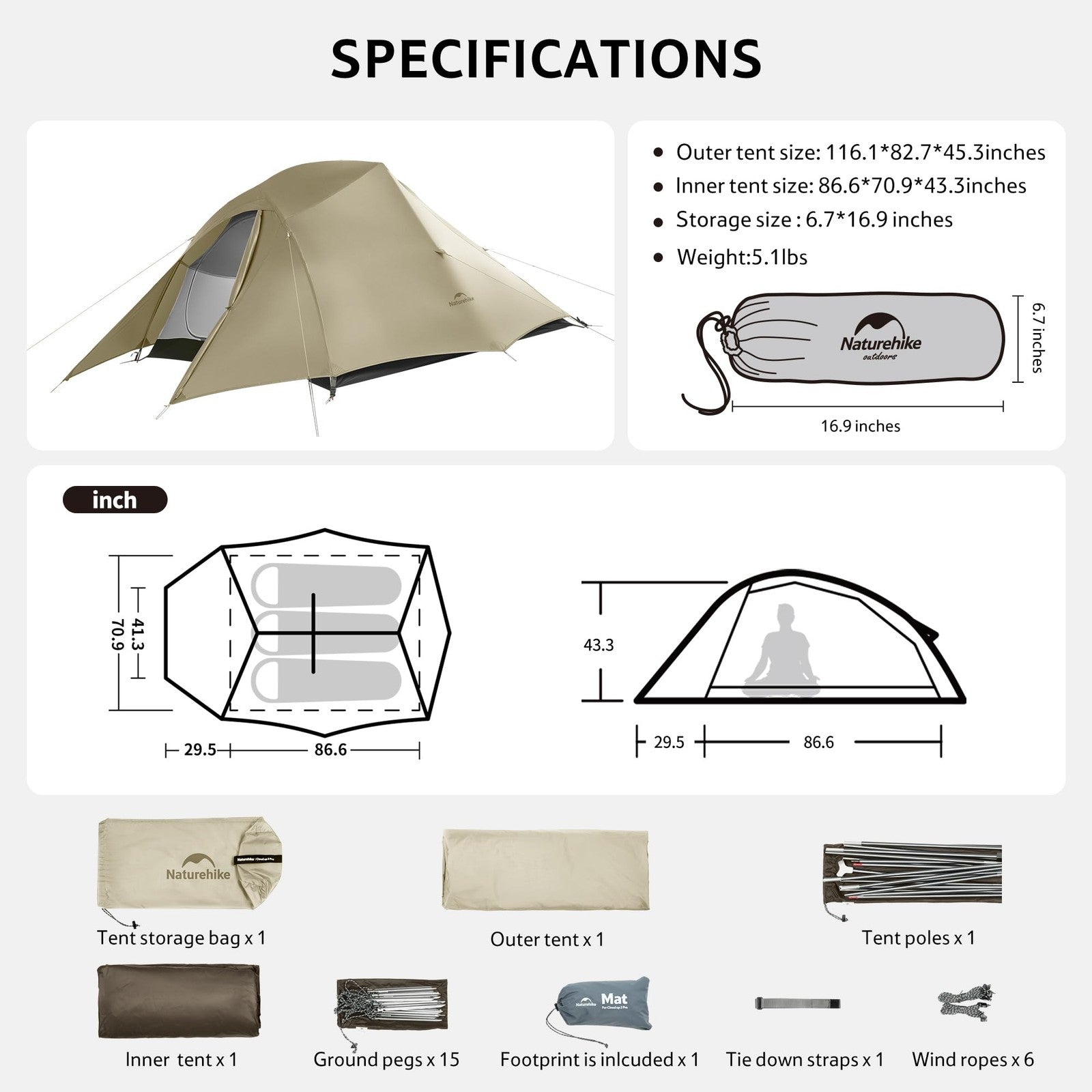 Naturehike Cloud Up 3-person backpacking tent footprint, durable waterproof groundsheet for 3-season camping and outdoor adventures.