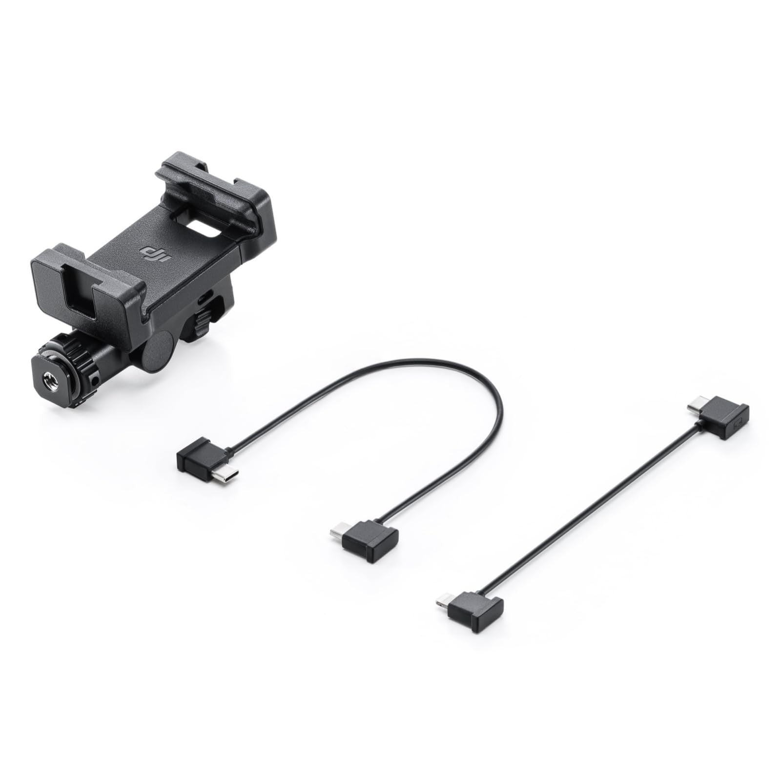 DJI SDR Transmission Phone Holder Kit showing a smartphone securely mounted on a DJI transmission setup with cables and accessories.