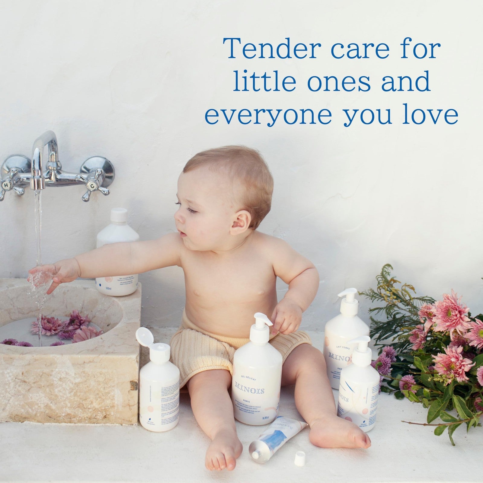 MINOIS PARIS Baby wash and shampoo bottle with orange scent, gentle body and hair cleanser for infants and toddlers.