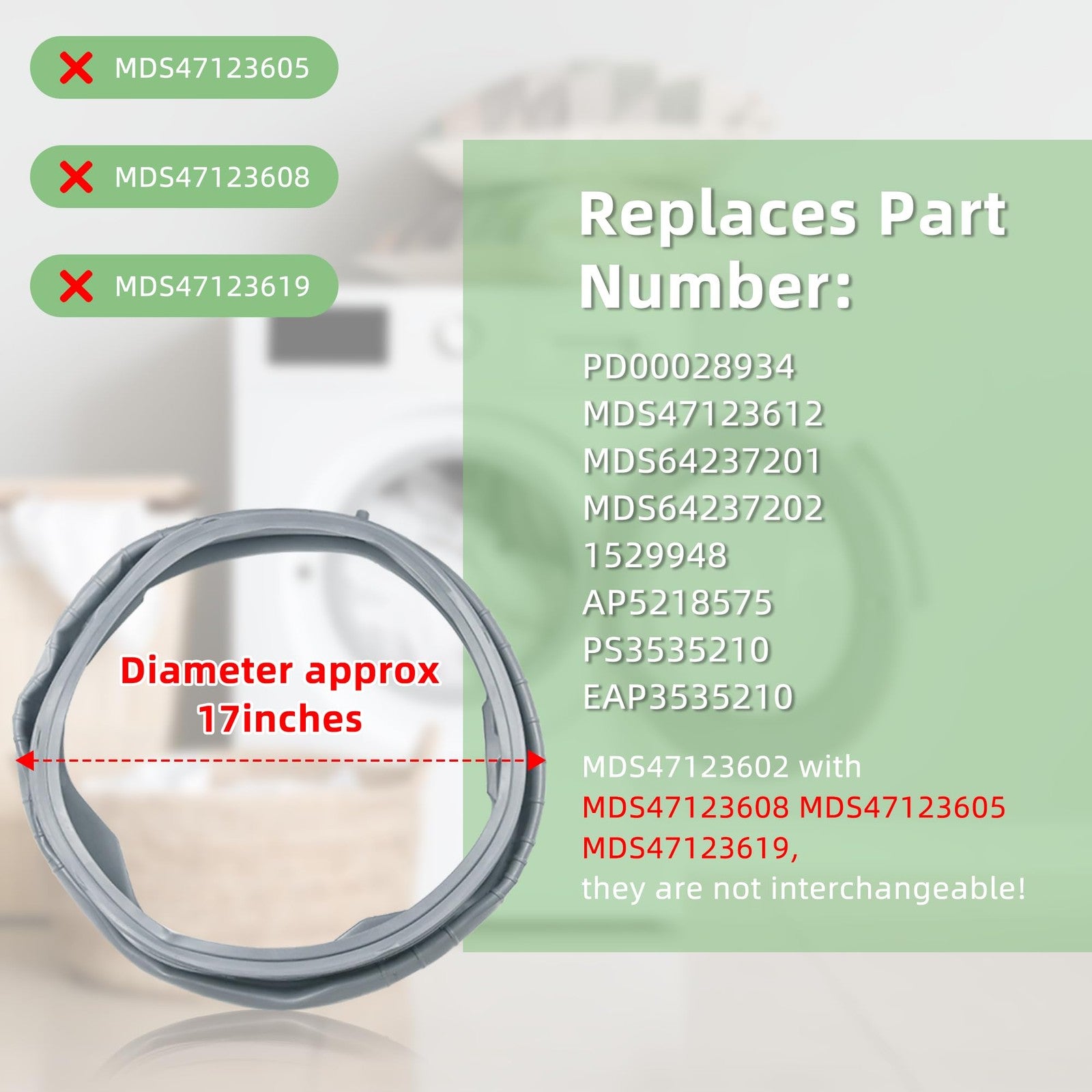 AMI PARTS washer door seal gasket for LG and Kenmore washers, showing the flexible rubber gasket with textured edges.