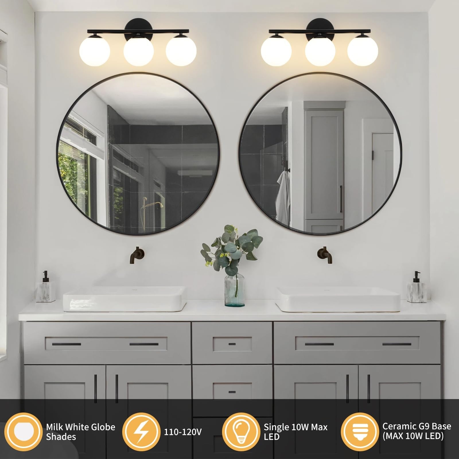 foucasal black globe bathroom light fixture with three plastic globe bulbs, modern vanity lighting for bathroom decor