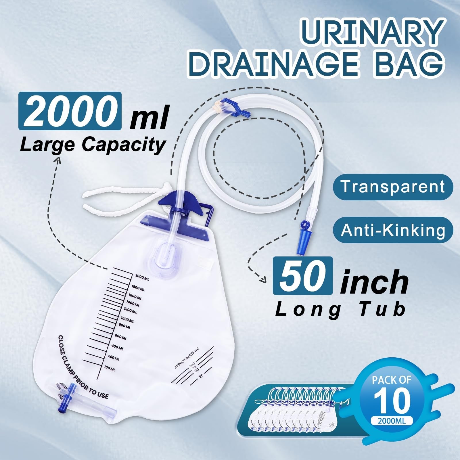 Set of ten YOOGUSTO urinary drainage bags, 2000ml capacity with anti-reflux chamber and 48-inch flexible tubing.