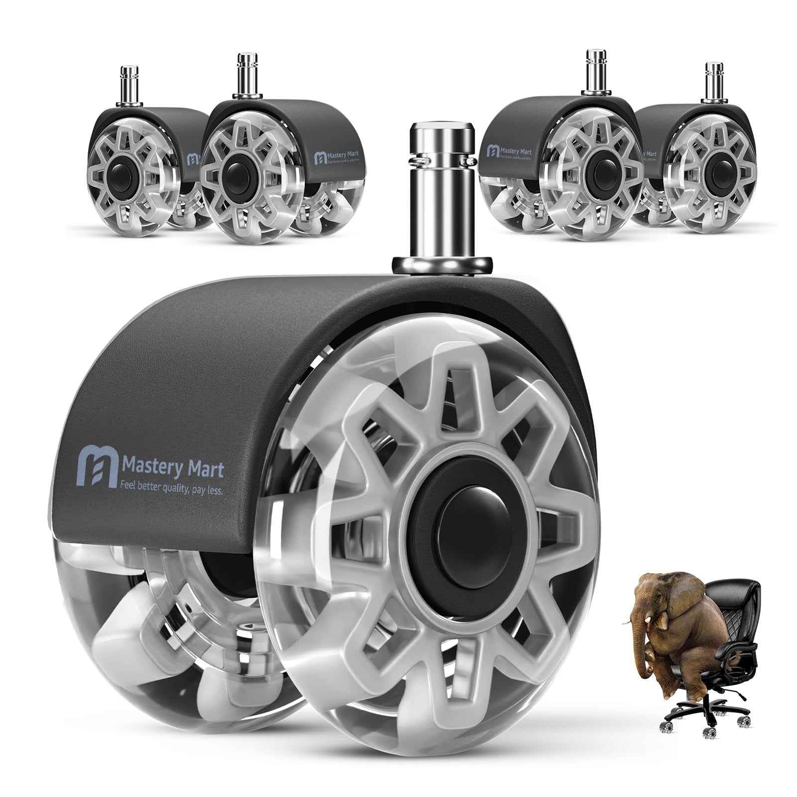 Heavy-duty 2.5-inch office chair caster wheels set by MASTERY MART, suitable for carpeted floors and easy to install replacement parts.