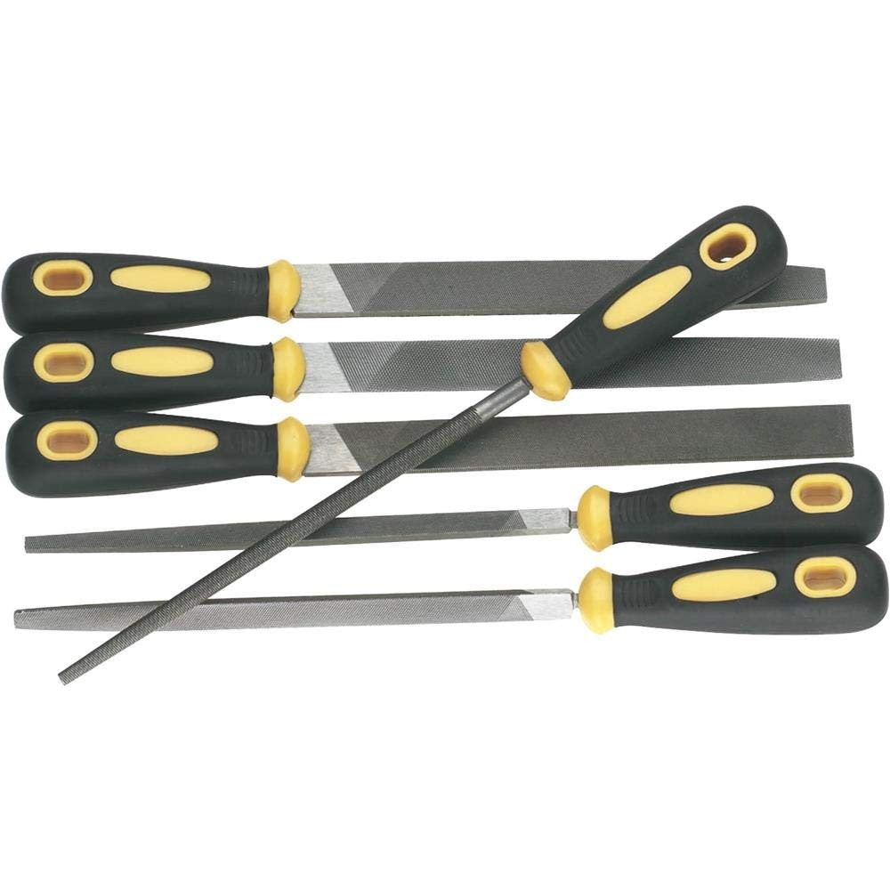 Woodstock D3112 6-piece file set with rubber handles, featuring various file types for woodworking and metalworking tasks.
