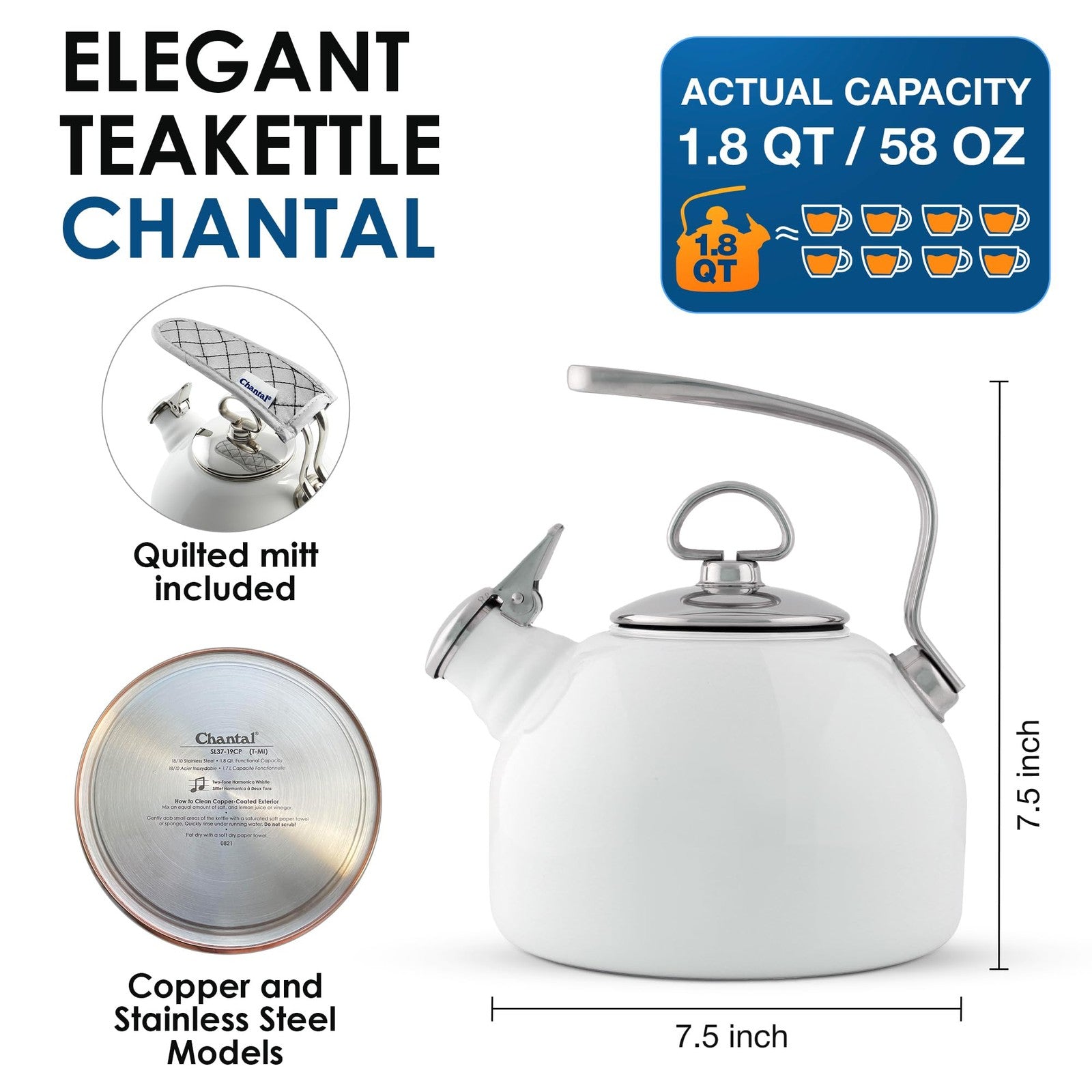 Chantal Classic 1.8 QT teakettle with enamel on steel, two-tone harmonica whistle, featuring a sleek stainless steel handle.