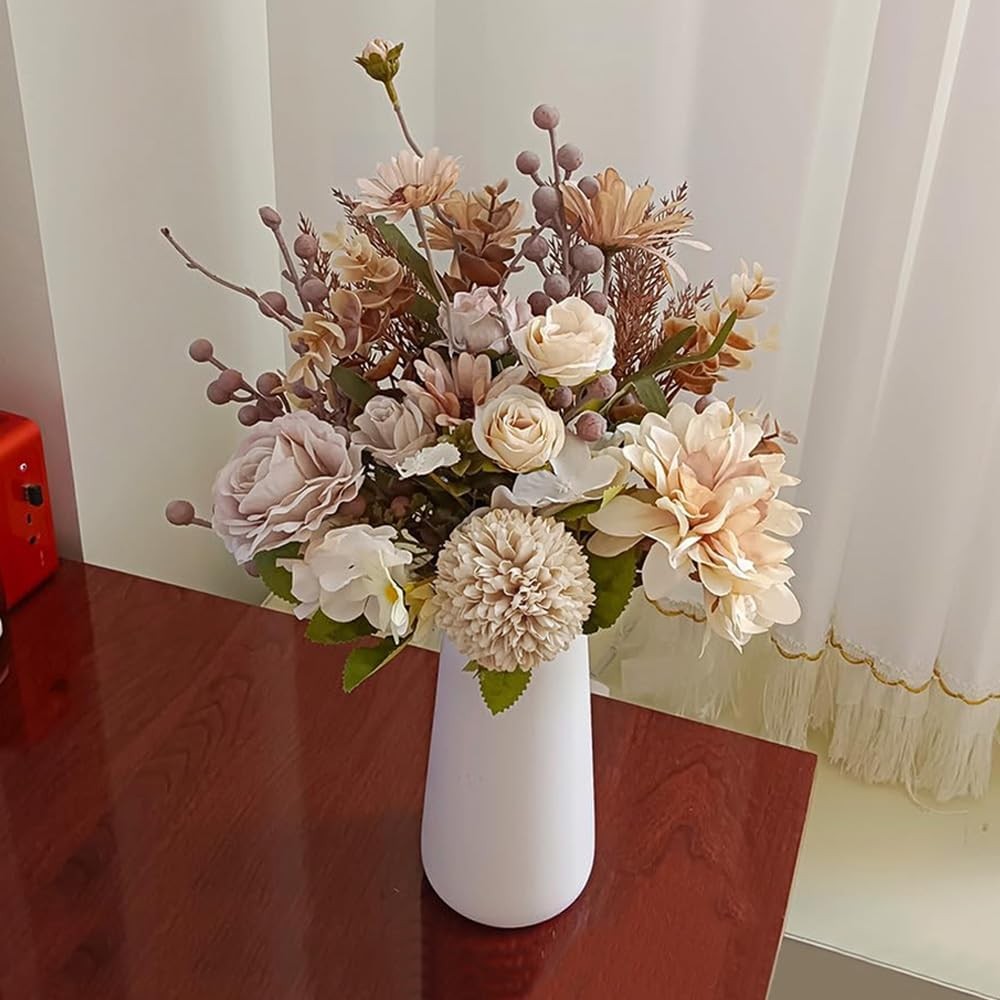 Peauley 16-inch artificial silk flower table arrangement with faux plastic flowers, suitable for home or event decor.